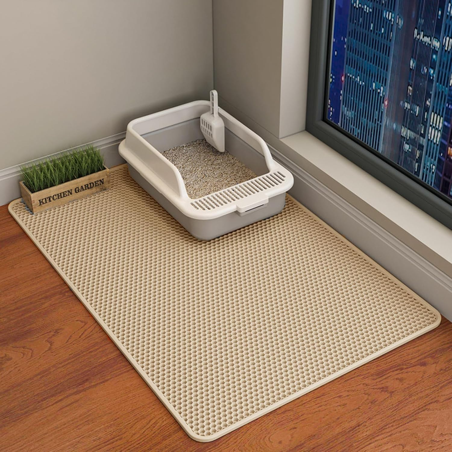 METOY Cat Litter Mat Large,35"X24" Litter Trapping Mat,Honeycomb Design for Scatter Control,Easy to Clean Litter Box Mat, Waterproof,Urine-Proof,Non-Slip Kitty Litter Mats for Floor (Khaki)