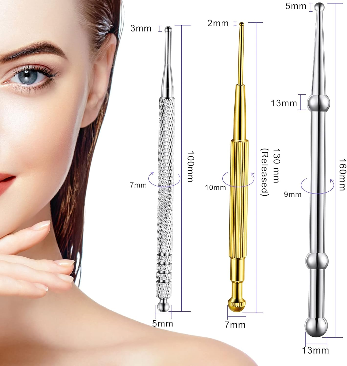 Flutesan 3 Pieces Facial Reflexology Massage Tool Stainless Steel Manual Acupuncture Pen Retractable Acupuncture Pen, Stainless Steel Double Headed Spring Loaded Ear and Body Point Probe Pen image number 2