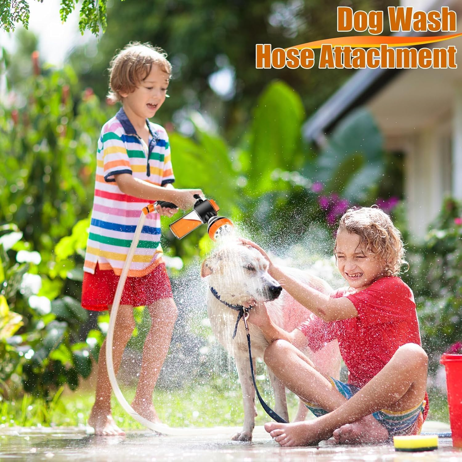 8-In-1 Garden Hose Nozzle Sprayer, Dog Wash Attachment with 100Cc Soap Dispenser, Brush, Orange image number 3