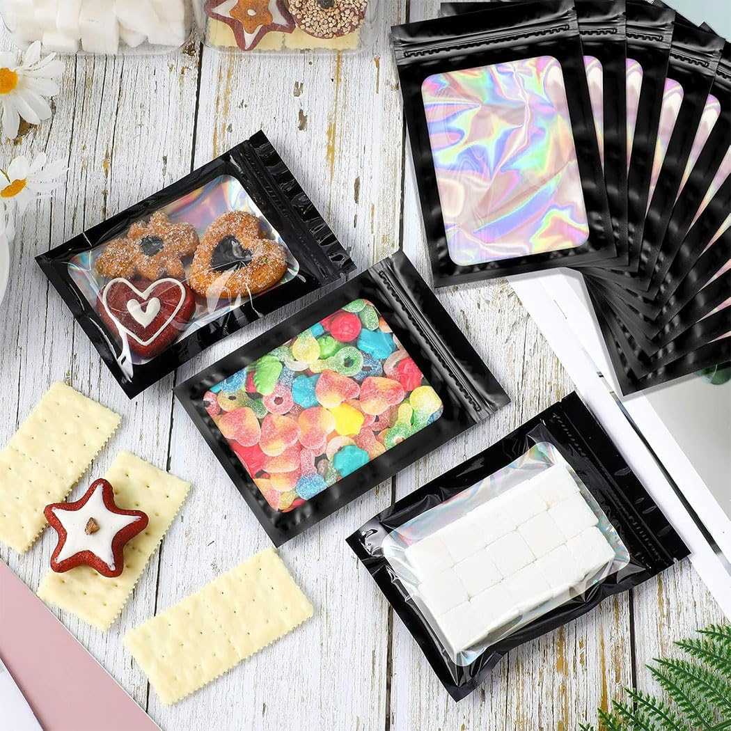 Idopick 100 Pcs 2.76X3.94'' (7X10 Cm) Clear Window Smell Proof Mylar Bags Resealable Zip Lock Holographic Packaging Pouch Candy Bags for Food Storage Sample Beans Cookies Jewelry Supplies(2.8X4 Inch) image number 4