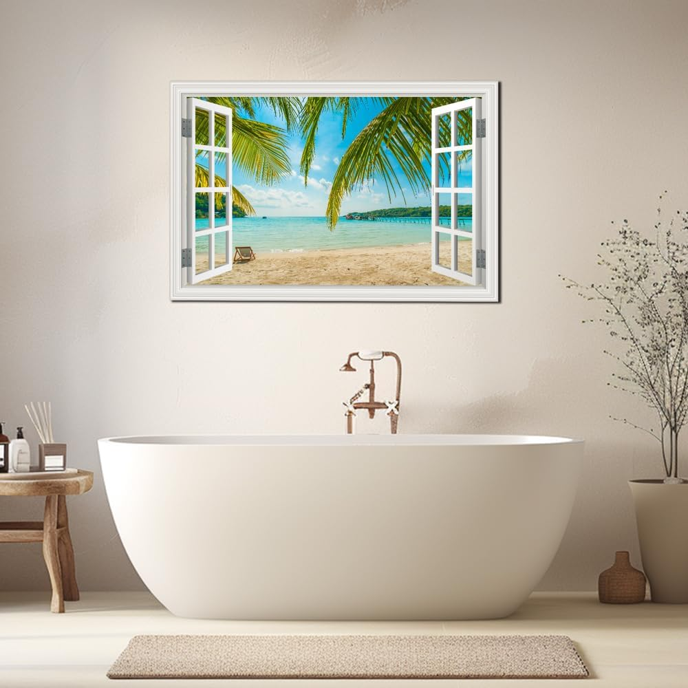 Beach Wall Art Decor Tropical Ocean Canvas Picture for Living Room White Window Frame Style Blue Seascape Paiting for Bedroom Coastal Theme Landscape for Home Office Decorations Ready to Hang(24"*36")