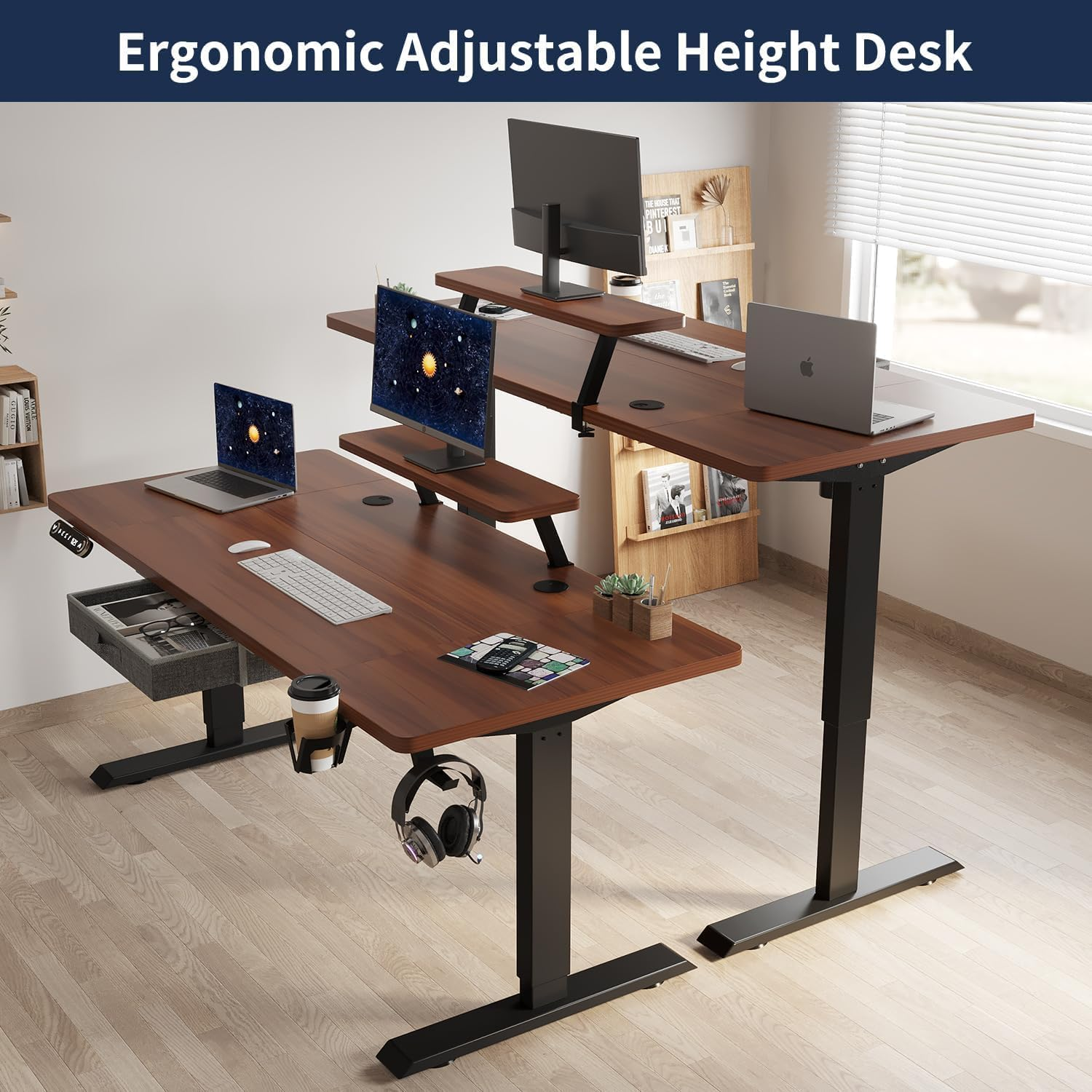Electric Standing Desk with Drawer, 140X60Cm Height Adjustable Sit Stand up Desk with Storage Shelf,Workstation with Splicing Top for Home Office (Black Frame + Walnut Desktop) image number 1