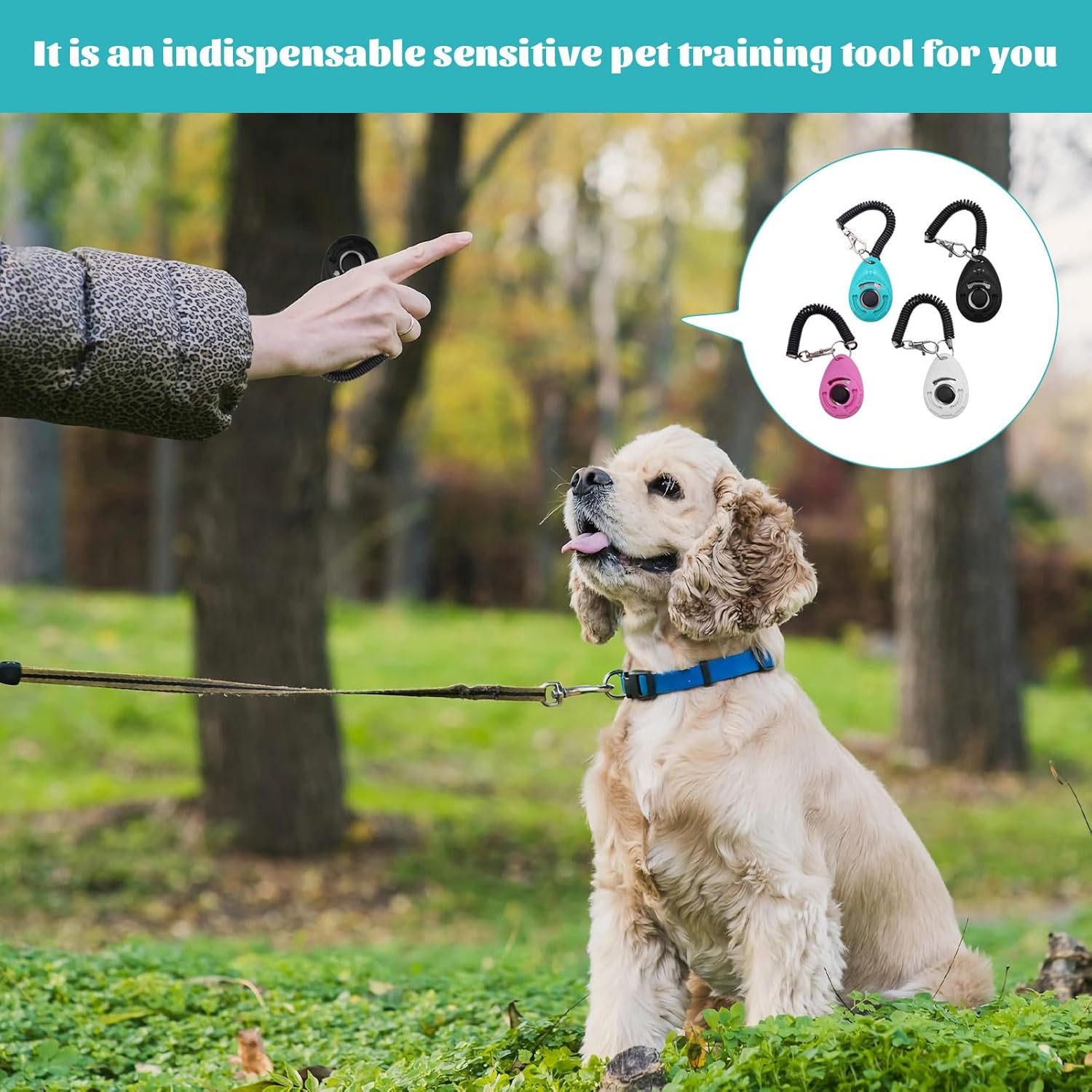 Dog Clicker, 4Pcs Dog Training Clicker, Pet Training Clicker, Pet Behavioral Training Tools with Wrist Strap for Pet like Dog, Cat, Horse, Bird, Dolphin, Puppy (Lake Blue & White & Black & Pink) image number 3