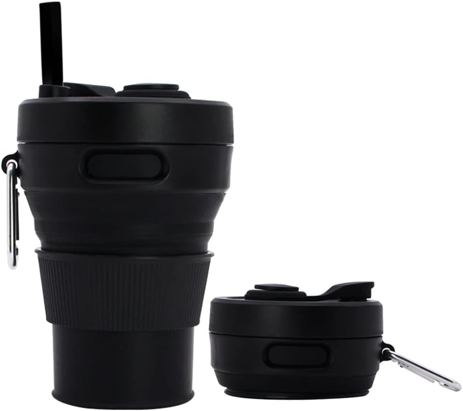 Silicone Coffee Mug Collapsible Cups for Camping Folding Travel with Straw Reusable Portable Drinking Cups Outdoor Hiking 450Ml (Black-450Ml, 1)