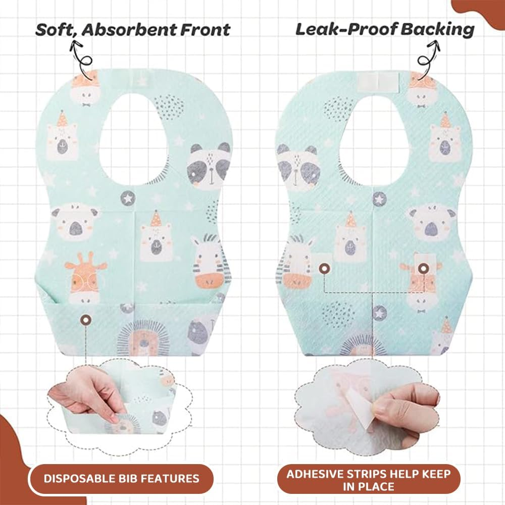 50PCS Disposable Baby Bibs &ndash; Waterproof Travel Bibs for Girls & Boys with Large Pocket, Adjustable Neck, Leak-Proof Liner, Individually Wrapped for Toddler Feeding image number 2