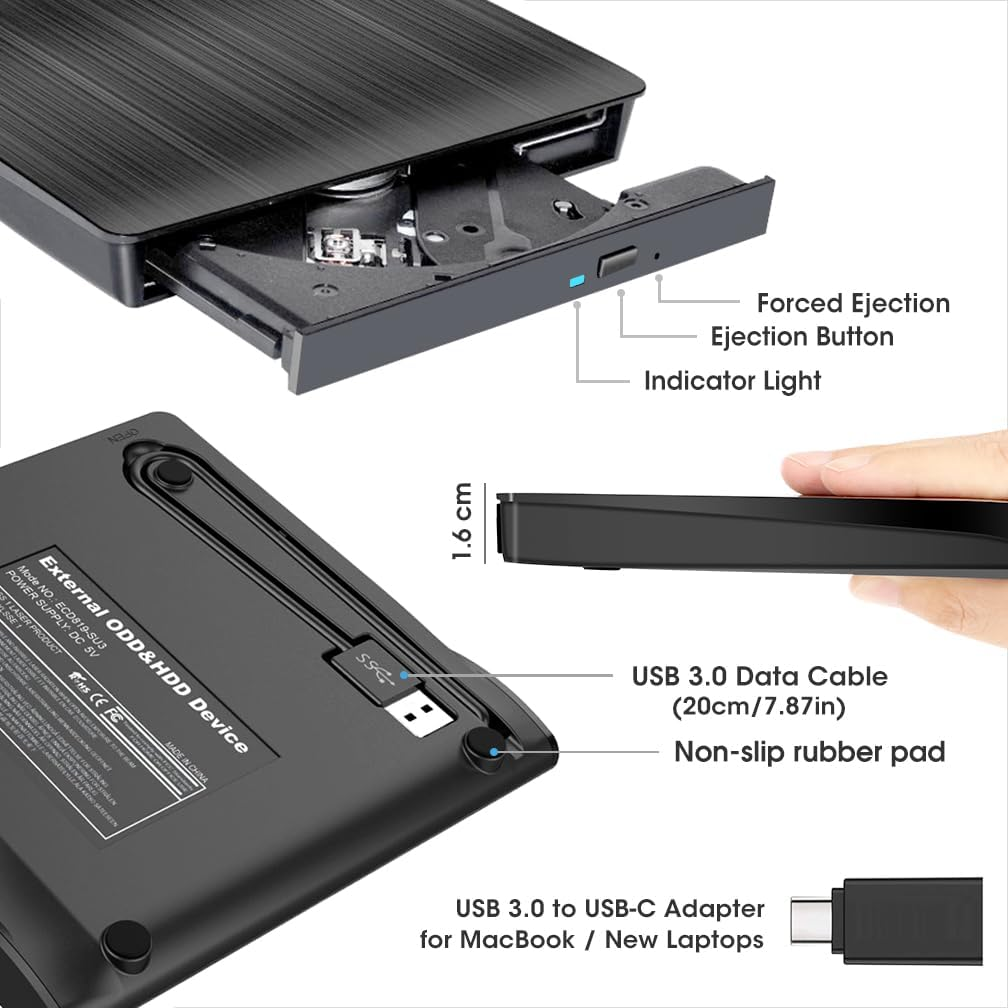 ROOFULL External CD DVD Drive for Laptop, USB 3.0 Type-C Portable CD/DVD Player Burner Reader Writer Adapter for Windows 11/10 Computer Mac Macbook Linux PC image number 1