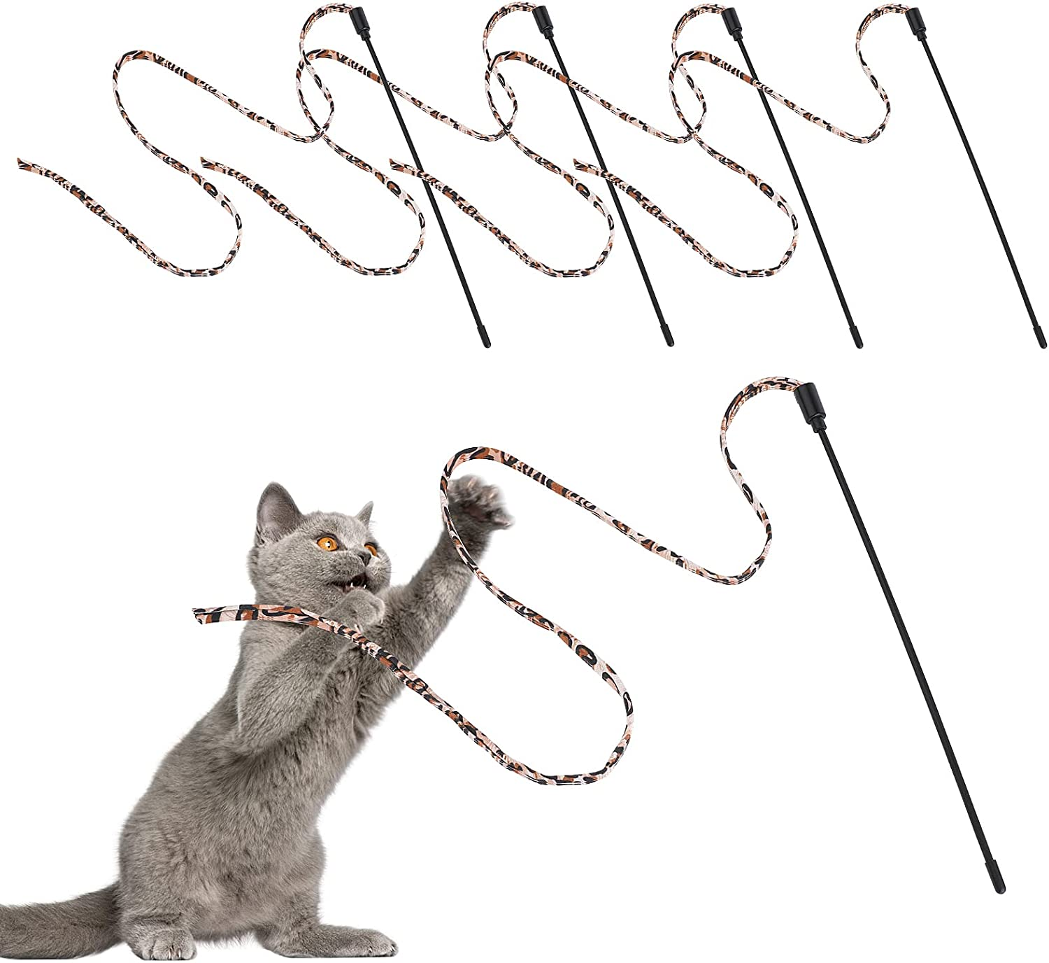 Molain Cat Wand Rainbow Toy - 5Pcs Ribbon for Kittens Training, Interactive Stick Toy for Kitten Exerciser Playing (30Cm, Leopard Print) image number 6