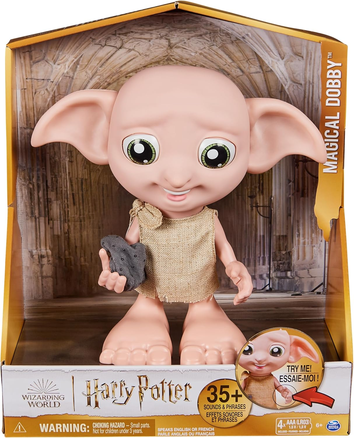 Wizarding World Harry Potter, Interactive Magical Dobby Elf Doll with Sock, over 30 Sounds & Phrases, 8.5-Inch, Kids Toys for Ages 6 and Up