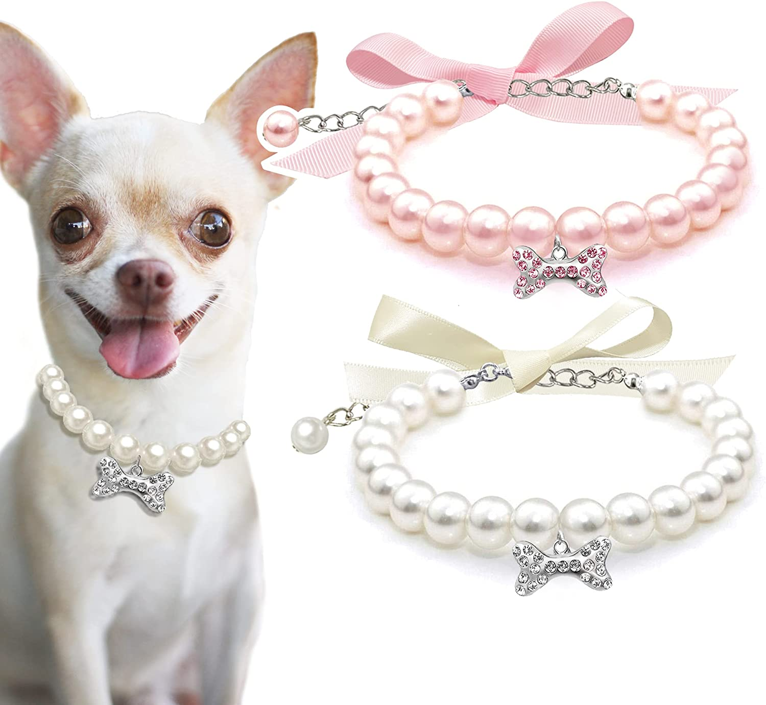 2 Pcs Dog Cat Pearl Collar Necklace with Rhinestone Bone, Fancy Cat Wedding Collar Jewelry for Girl Cat Puppy Dogs Accessories(Pink+White) image number 5