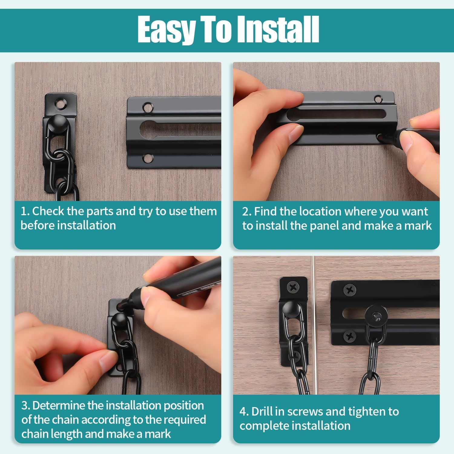 4 Pack Door Chain Lock, Security Safety Door Latch Locks with 24 Screws, Sturdy Stainless Steel Chain Lock Door Guard for inside Door Front Door Hotel Apartment Home image number 1