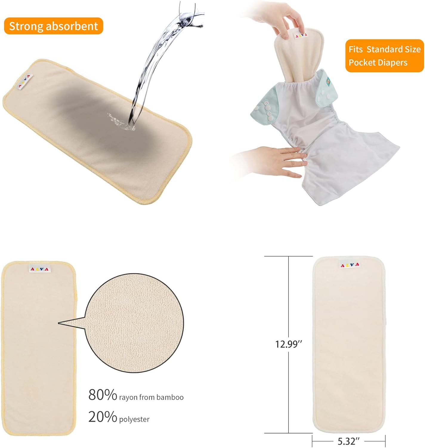 ALVABABY Baby Cloth Diapers 6 Packs with 12 Pcs 4-Layer Rayon from Bboo Inserts Adjustable Washable Reusable 6BM98-MB-AU image number 3