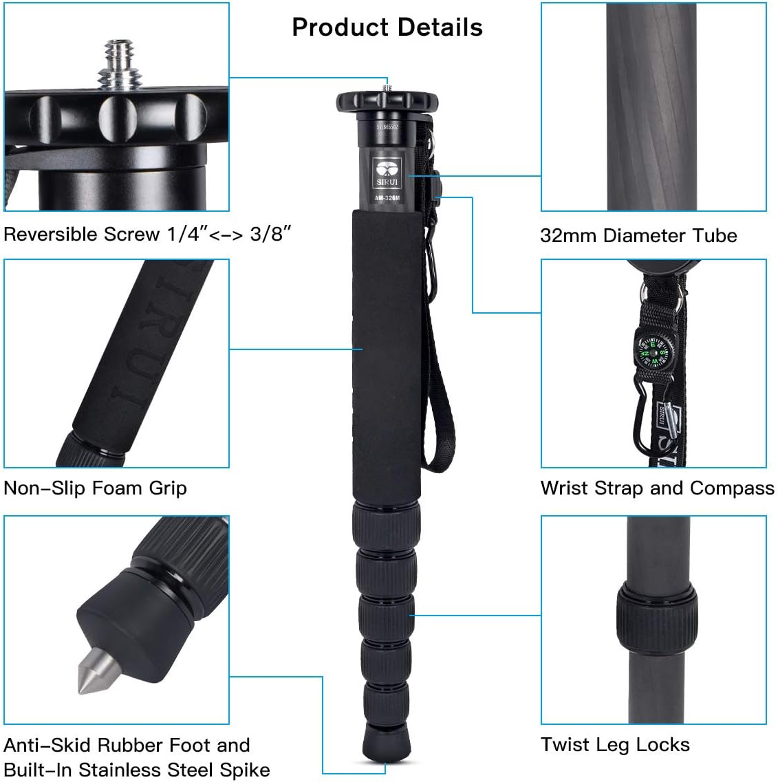 SIRUI Camera Monopod AM-326M, 6 Section Carbon Fiber Portable Compact Lightweight Travel Monopod image number 2