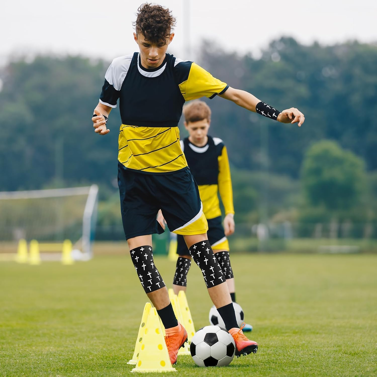 Christian Cross Athletic Sports Wrap Tape, 2 Roll Serrated Edges Cotton Soccer Baseball Wrist Wrap Ankle Tape with Black Cross,Cotton Cloth Breathable Athlete Tape Faith Religious Sports Wrap, Black image number 5