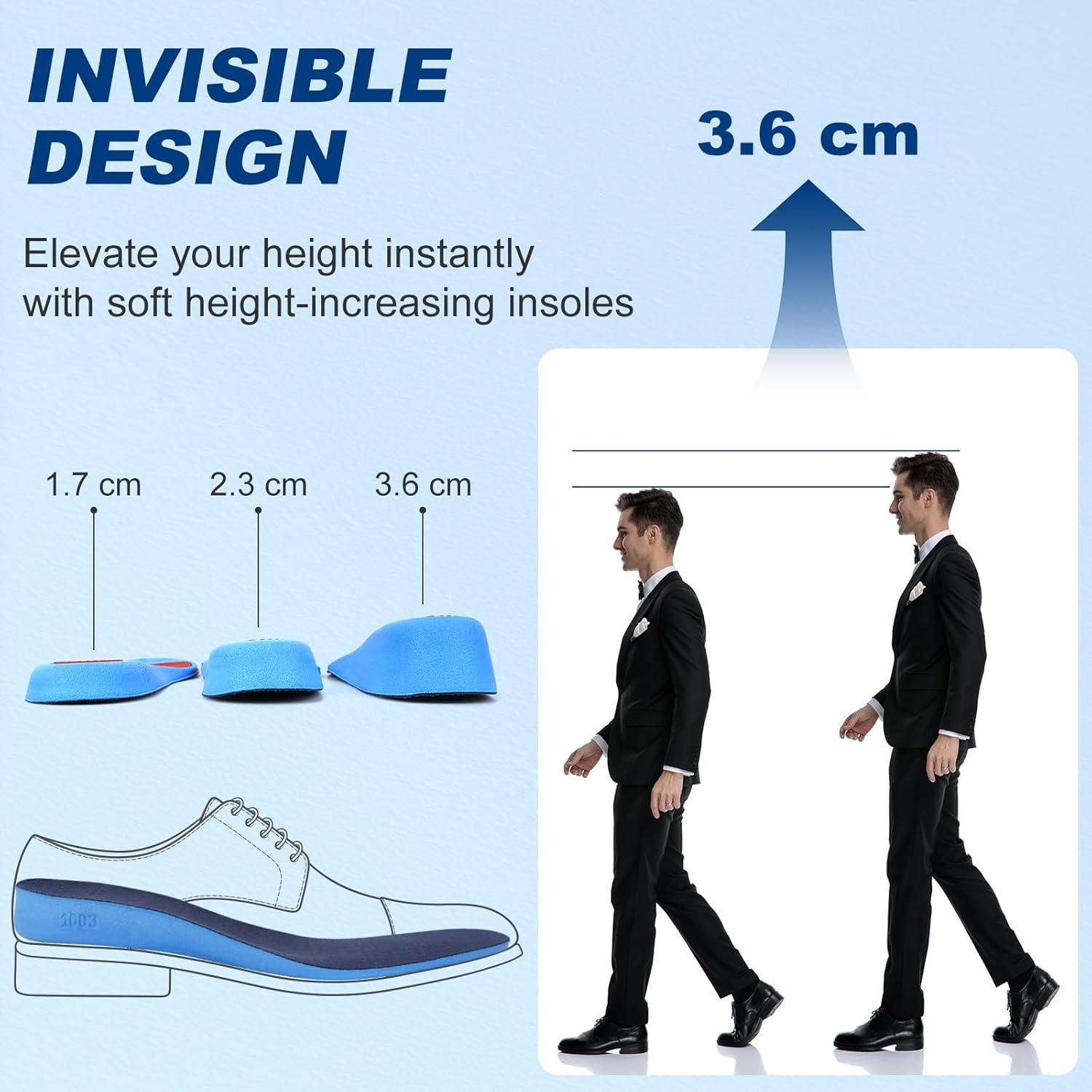 Height Increase Insole Heel Lift Taller Inserts Instant Adjustable Raise the Height with Comfortable Breathable and Reduces Foot Pressure for Women and Men (L, 2.3 Cm) image number 2