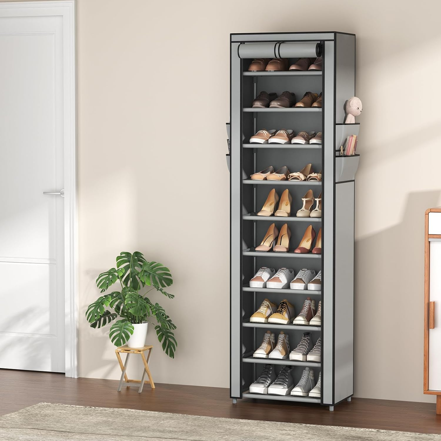 VTRIN Vertical Narrow Shoe Rack Organizer Tall Shoe Rack for Closet Entryway 10 Tier Non-Woven Cover Shoe Shelf Holds 20-22 Pairs Free Standing Shoe Storage Cabinet with Dustproof Cover, Grey image number 1