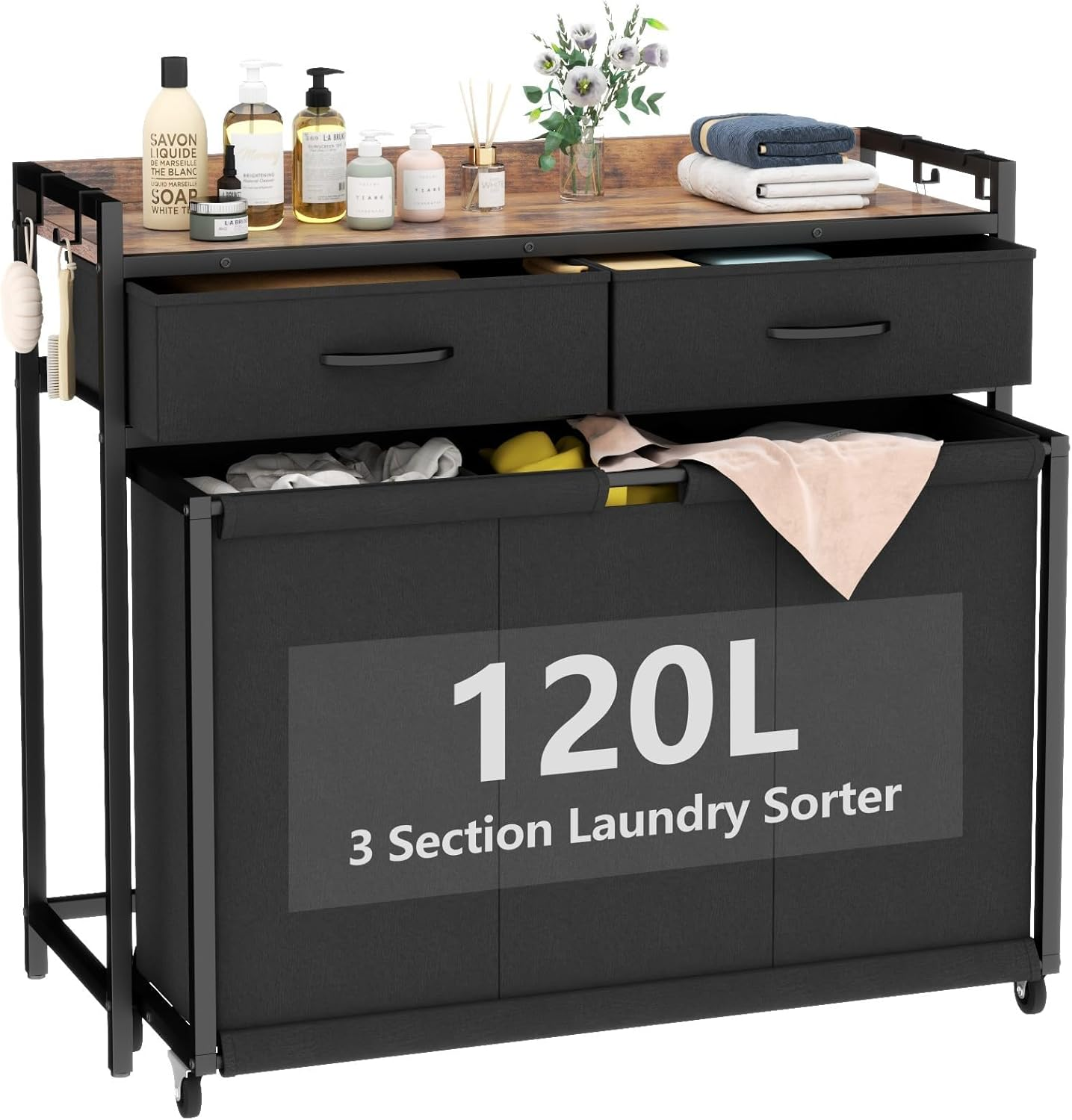 Kisfam Laundry Hamper Laundry Basket with 3 Section Pull-Out Rolling Bags, Laundry Sorter for Organization and Storage, 2 Pull-Out Drawers for Laundry Room, Bathroom, Bedroom Use (Brown) image number 1