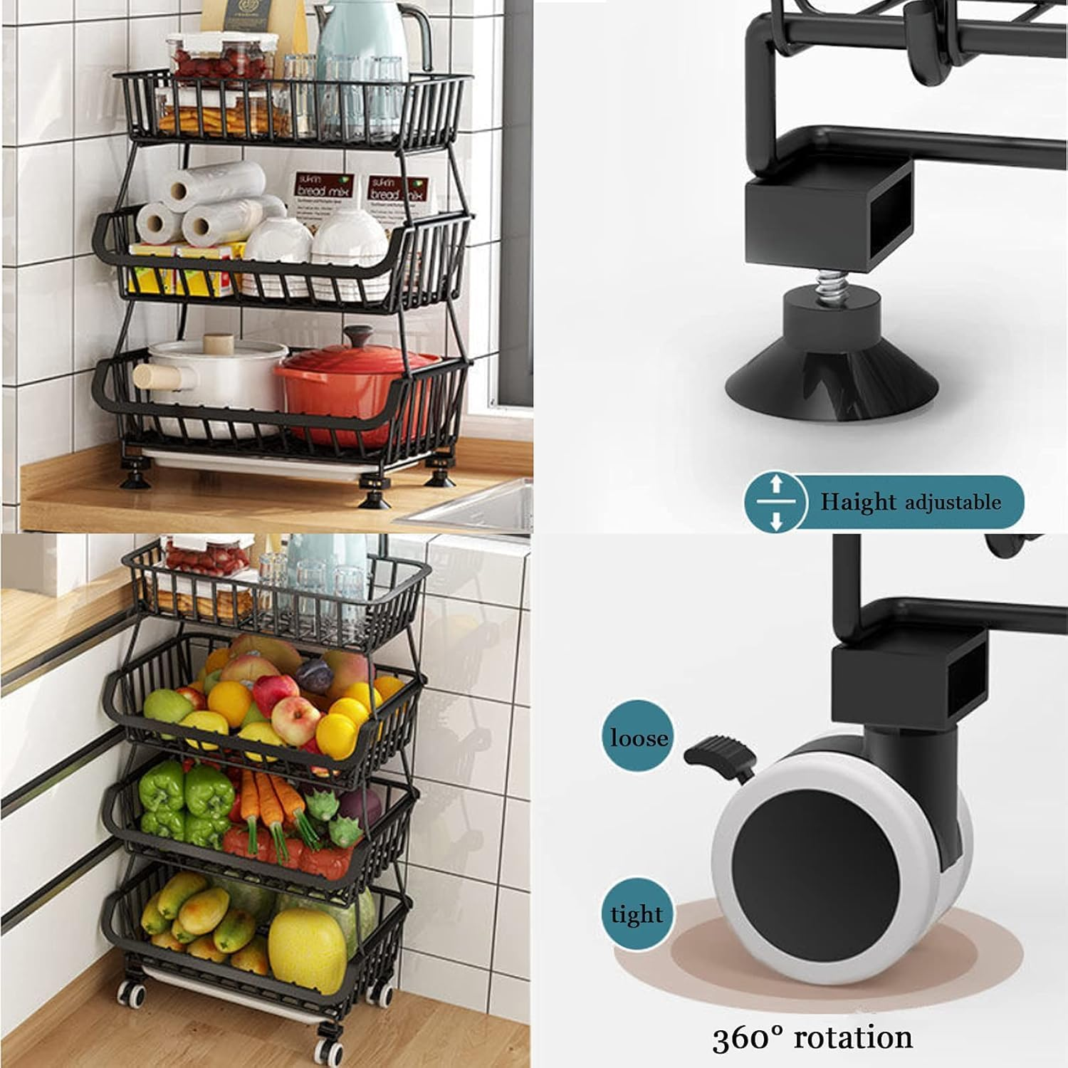 Carolyndesign Kitchen Storage Baskets Black Iron Wire Storage Bins with Wheels and Feet, Stackable Vegetable Storage Baskets (6-Tier Baskets) image number 6