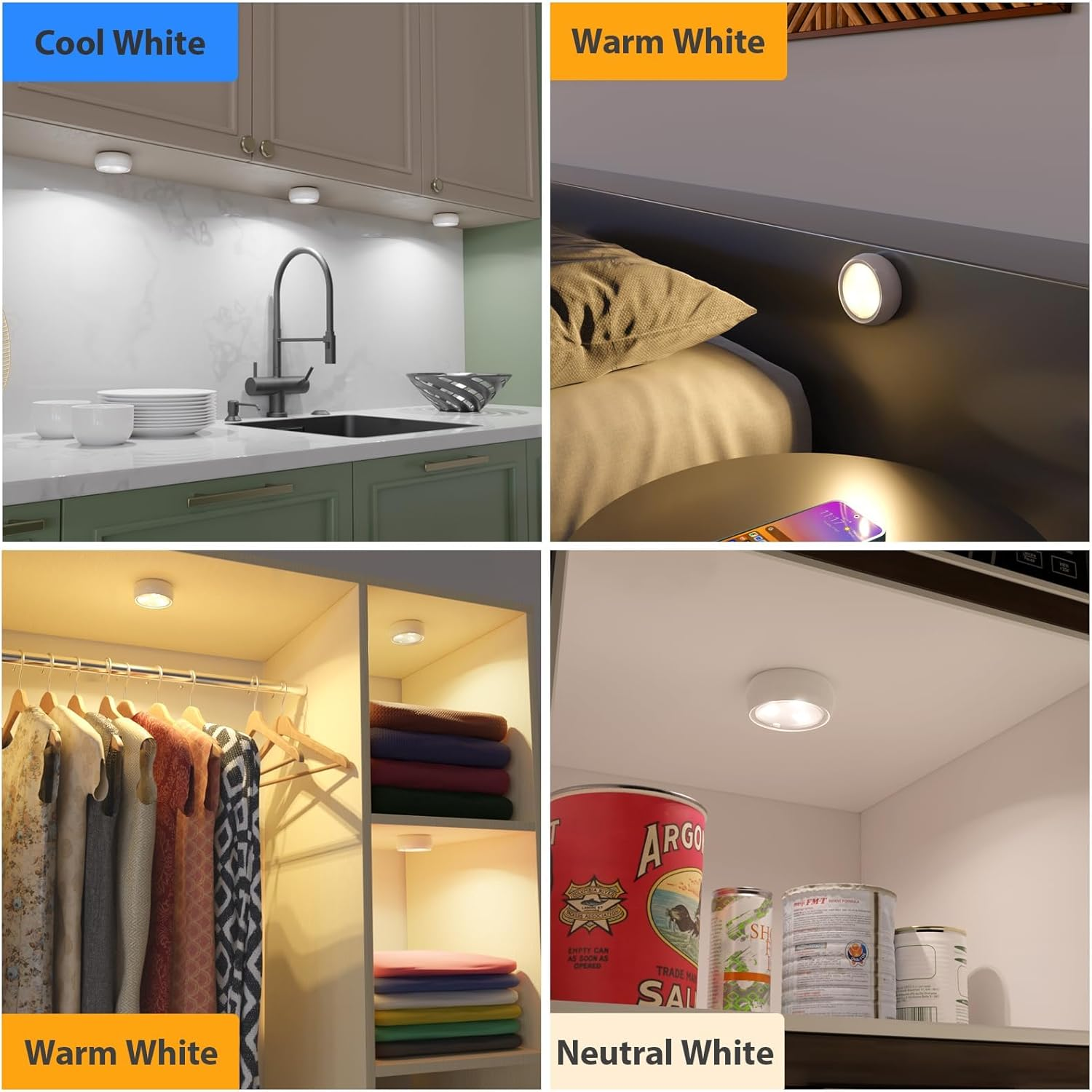 Touch LED Puck Lights, Wall Lighting Fixtures, Portable under Cabinet Lighting, Battery Operated Powered, DIY Stick on Light Wireless, Closet Kitchen Warm White, 3 Color - Pure White-6Pcs image number 1