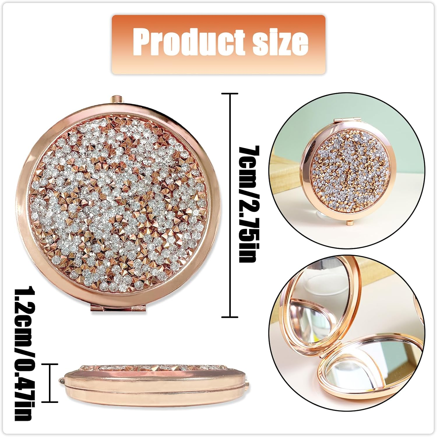 TEAONE Portable Compact Mirror, 1 PCS Mini Makeup Mirror for Travel, Handbag and Pocket (7Cm/2.75In, Rose Gold) image number 3