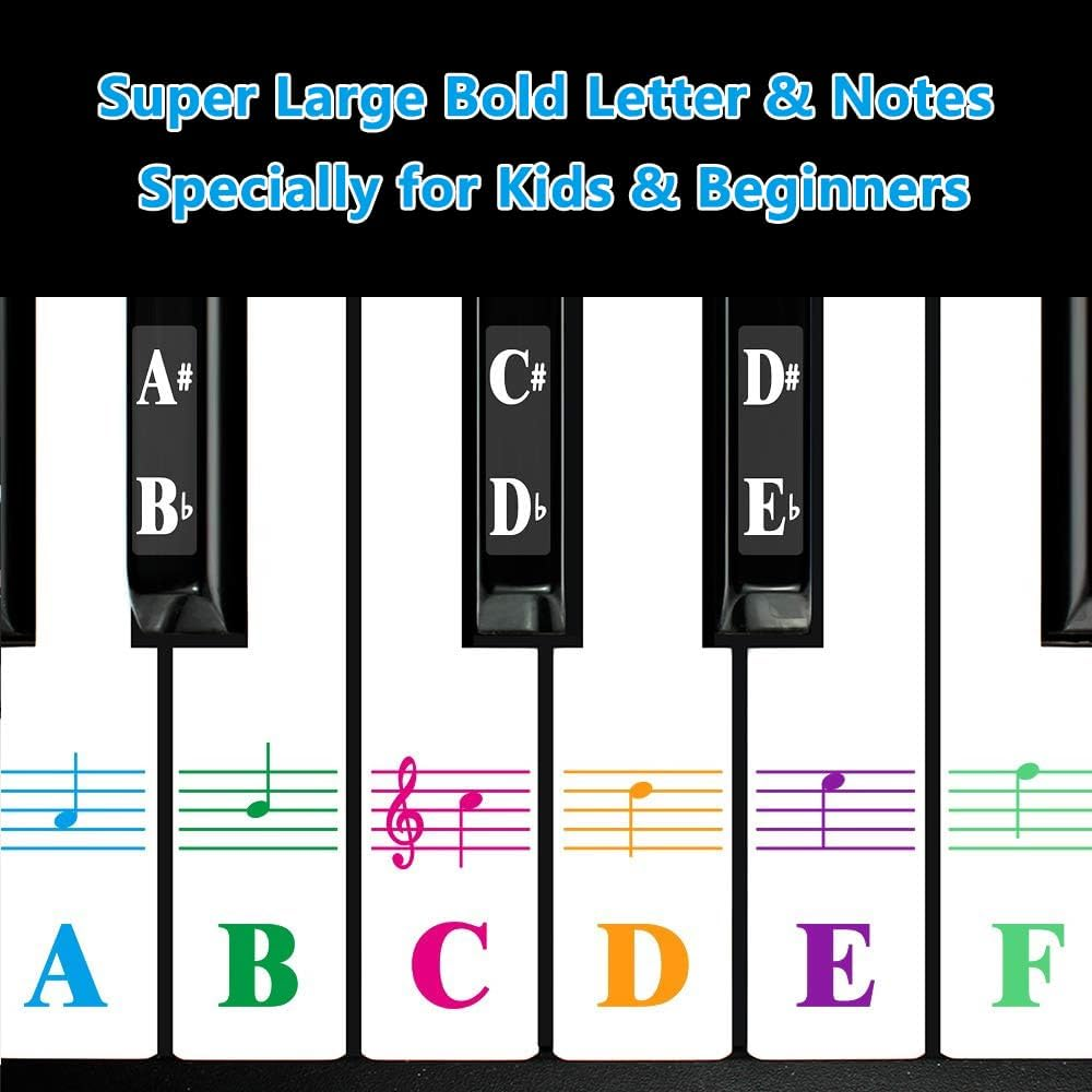 Piano Stickers, Piano Key Stickers for 88/61/54/49/37 Key Full Set for White and Black Keys, Colorful Bigger Letter-Thinner Transparent Removable with Cleaning Cloth - Color Lines image number 6