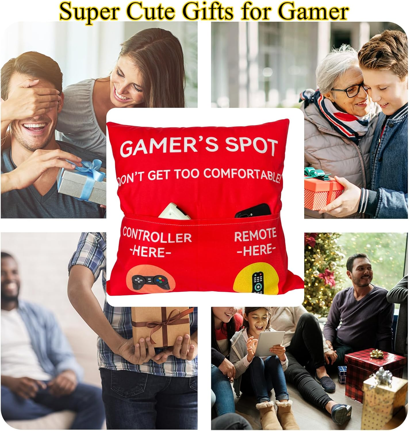 Gamer Gifts, Pocket Design Throw Pillow Covers 18 X 18 Inch, Gaming Room D&eacute;cor Stocking Stuffers Easter Basket Stuffers for Teen Boys Girls Men Father Boyfriends-Red image number 2