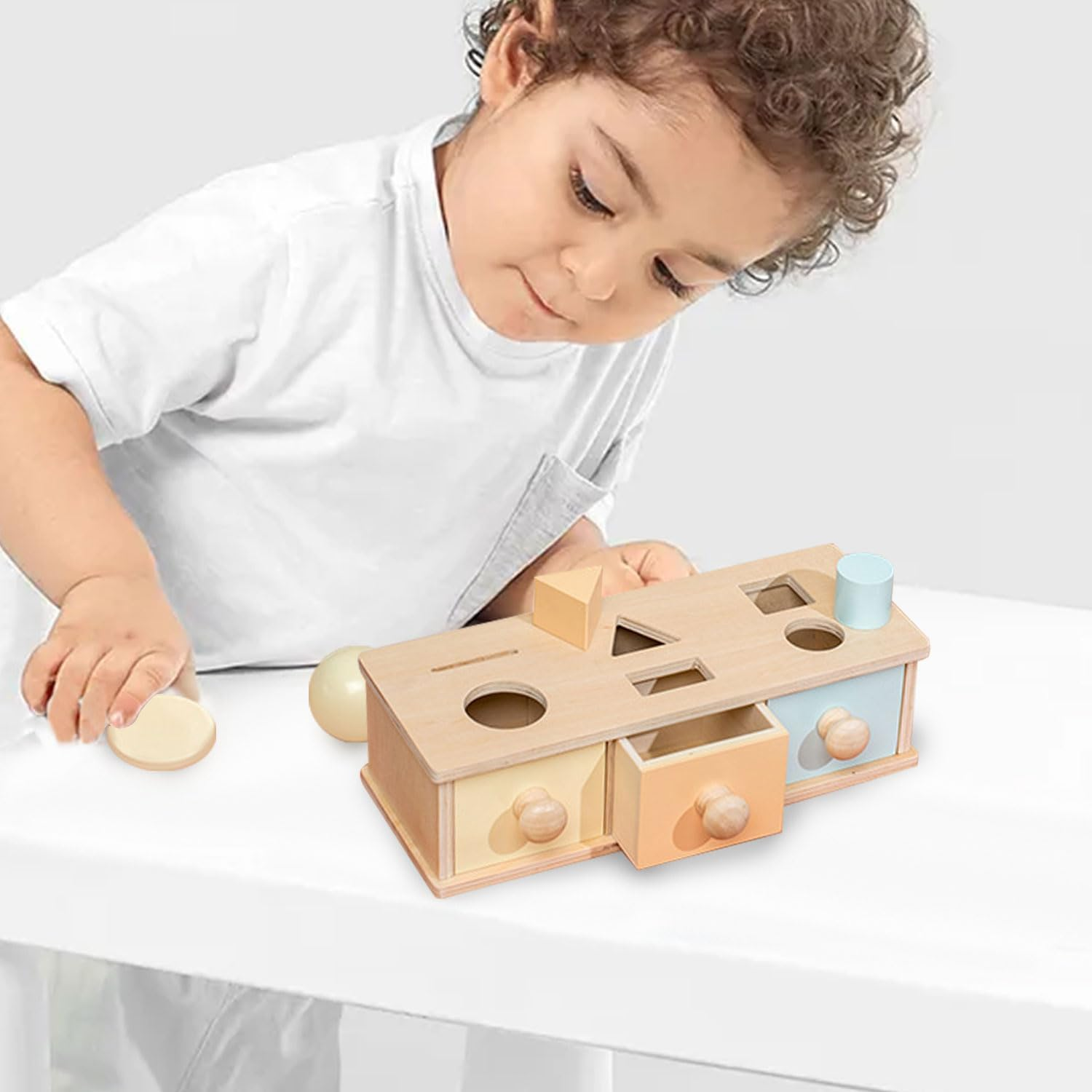 Montessori Multipurpose Drawer 3-In-1 Object Permanence Box Coin Box Shape Sorter Object Montessori Toy Shelf Permanence Toys for Babies Slide and Seek Ball Run Christmas Birthday for 12 Months +