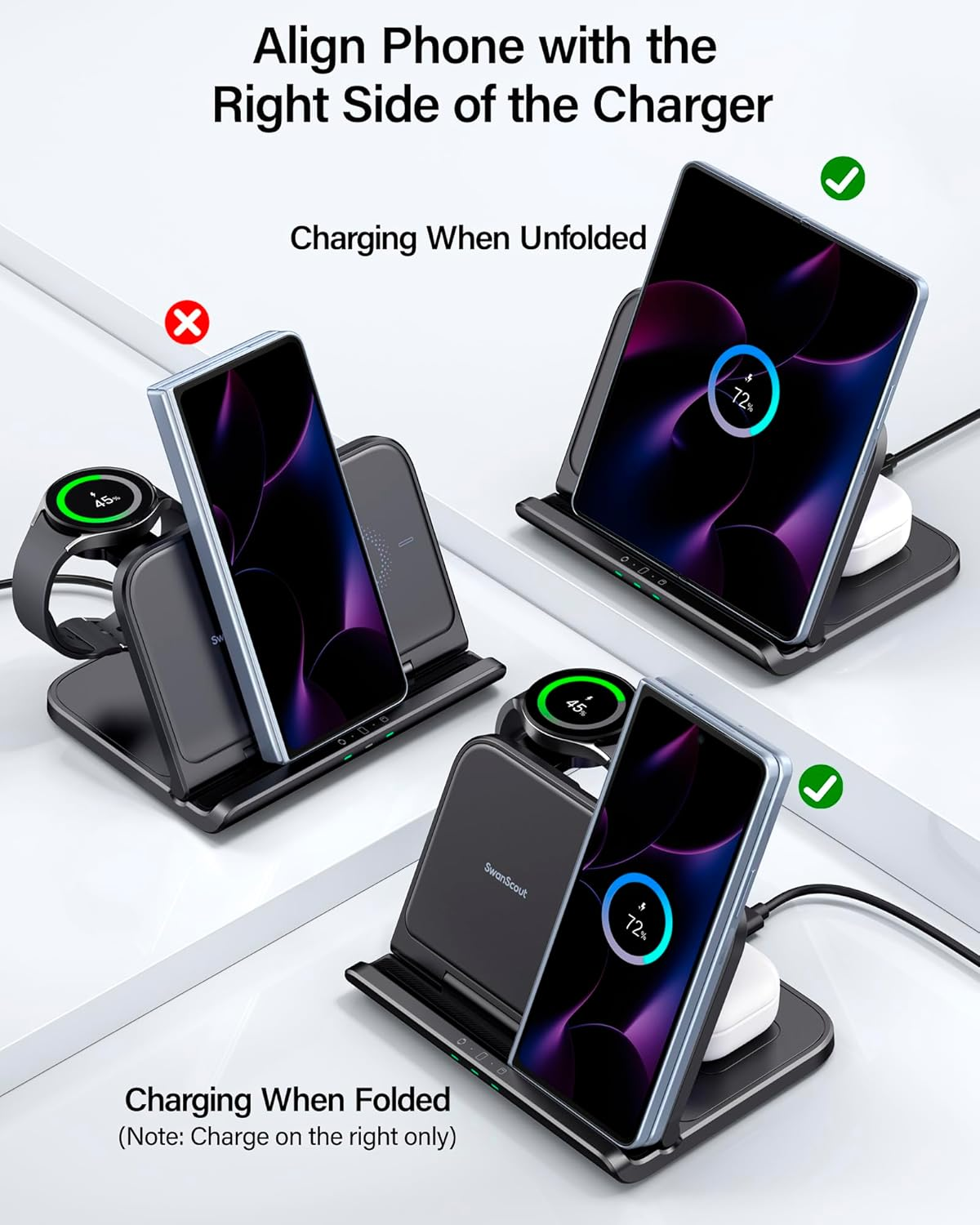 Swanscout Wireless Charger for Samsung Z Fold 7/6/5/Pixel 9 Pro Fold, 3 in 1 Foldable Wireless Charging Station for Samsung Z Fold, Galaxy Watch 7/Ultra/6/5, Galaxy Buds 3, Swanscout 705S image number 1