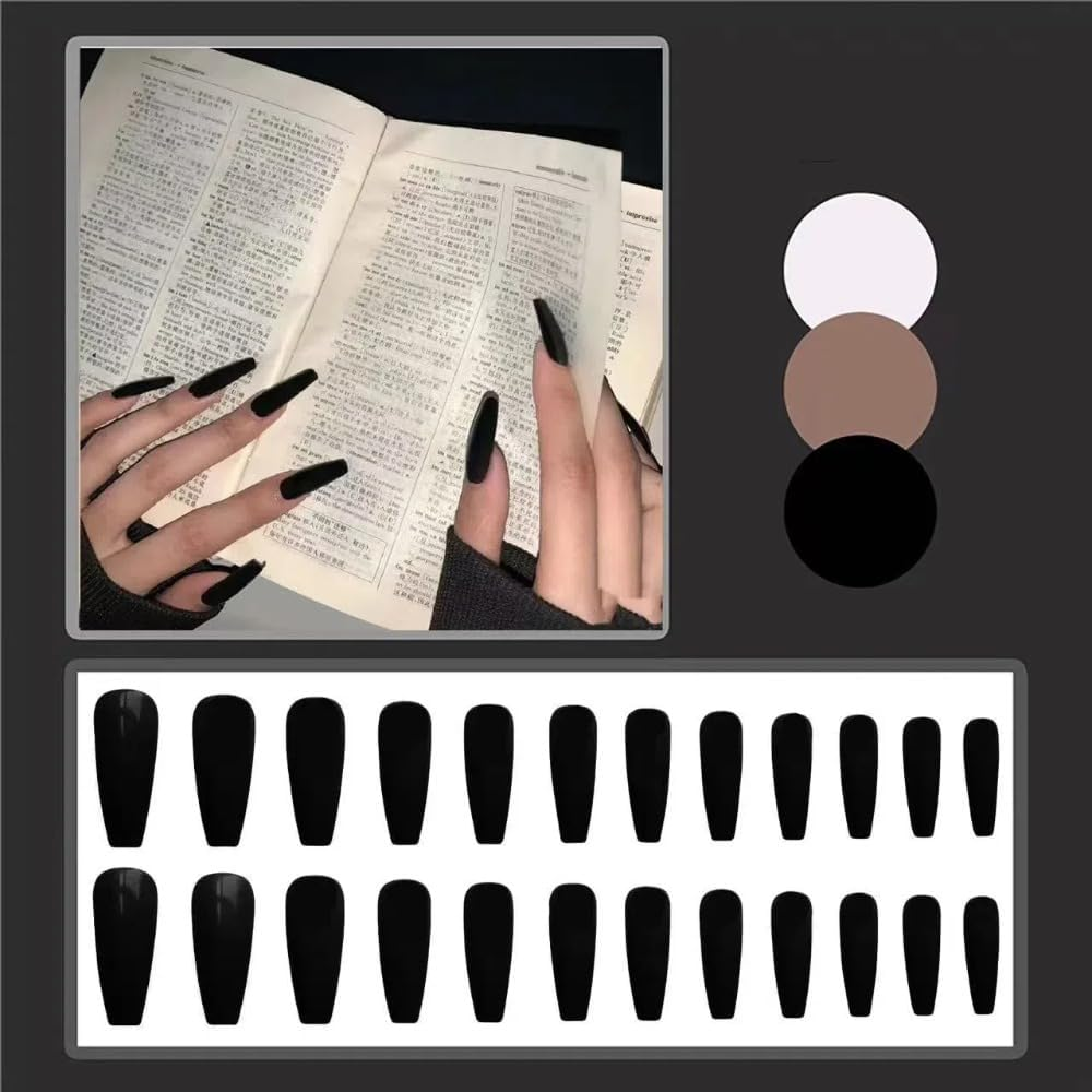 Ztcily False Nails Black Matte False Nails French Long Black Ballerina Women Girls Accessories or Gift Idea for Christmas New Year Valentine'S Day Wedding image number 1