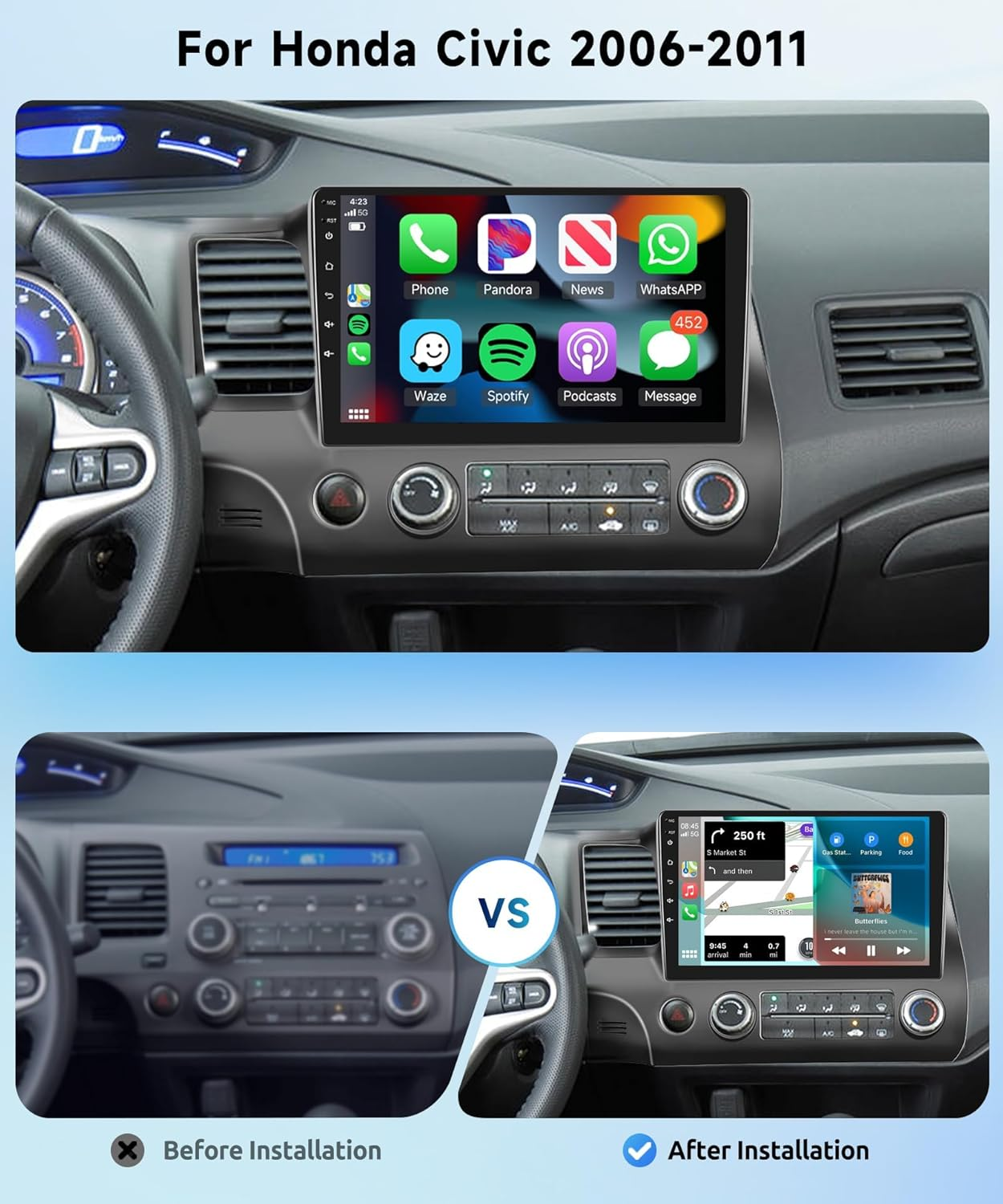 2G+32G Car Stereo for Honda Civic 2006 2007 2008 2009 2010 2011 with Wireless Carplay Android Auto, 10.1" Touchscreen Android Car Radio Support Bluetooth Wifi GPS USB Mirror Link Backup Camera image number 5