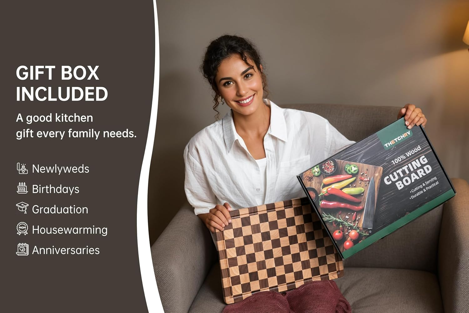 THETCHRY Cutting Boards for Kitchen, Design in USA Large Acacia Wood Chopping Board, Checkered Cutting Board with Juice Grooves & Handles, Butcher Block Serving Tray with Gift Box 16.5" X 11.6" X 0.8" image number 3