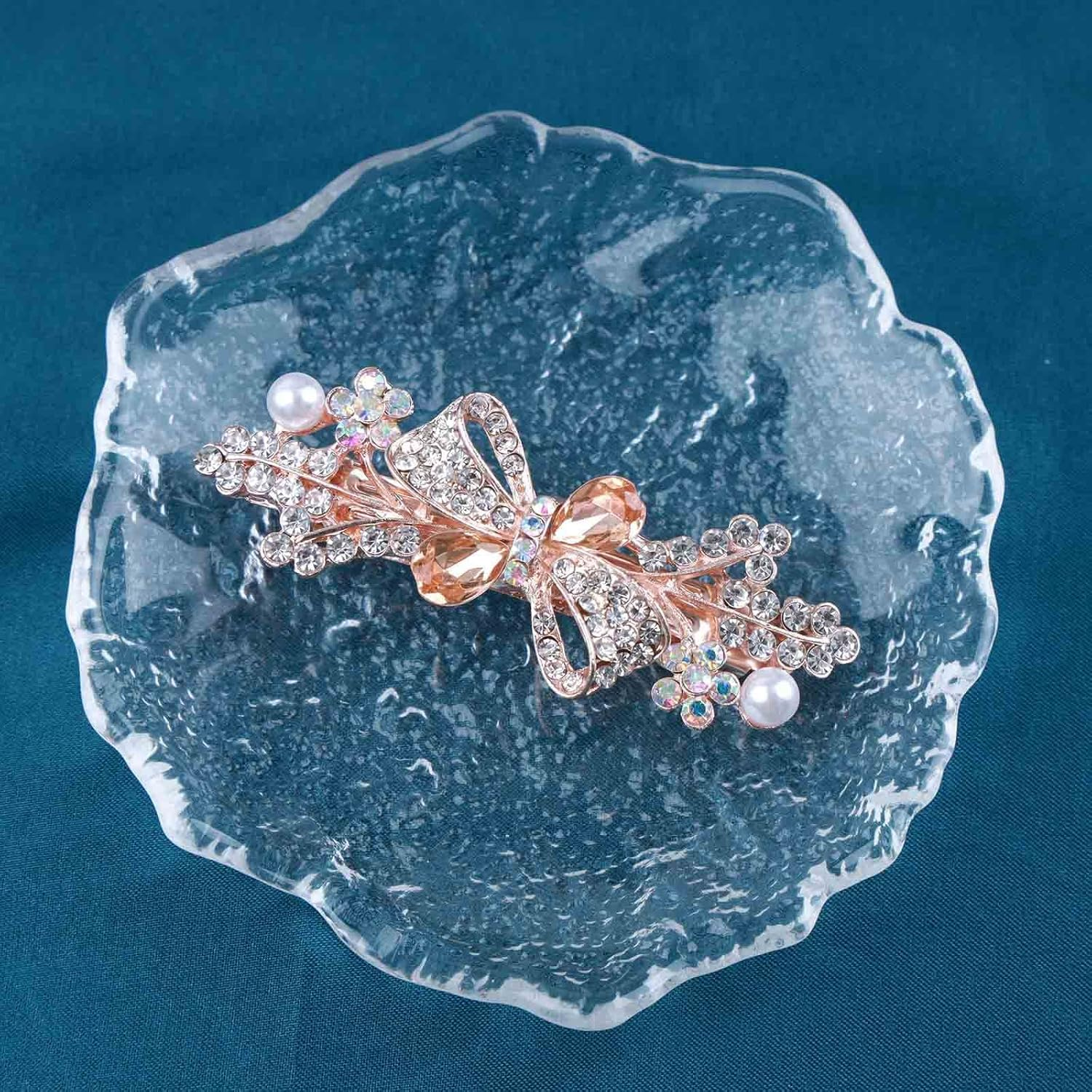 Yheakne Pearl Crystal Wedding Hair Clip Barrette Gold Rhinestone Hair Barrette Bling Bridal Headpieces Decorative Head Clip Headwear Comb Bride Hair Accessories for Women and Girls Gifts(Champagne 2) image number 2