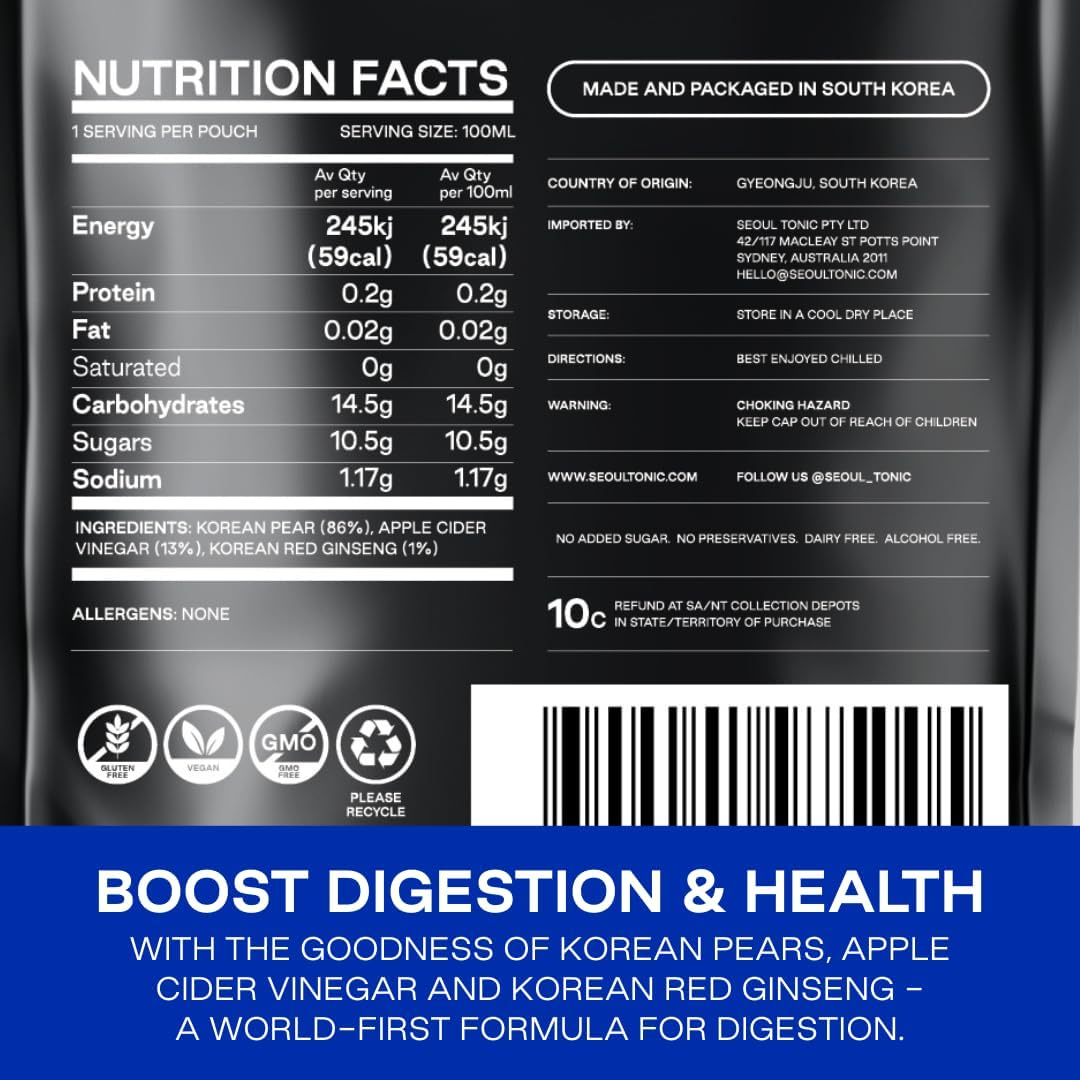 Seoul Tonic - Korean Pear & Apple Cider Vinegar Recovery Tonic ("Drink after Drinking"), Natural Digestion, Rehydration, Double Fermented ACV, All Natural, Patented Extraction Method - 12 Units image number 3