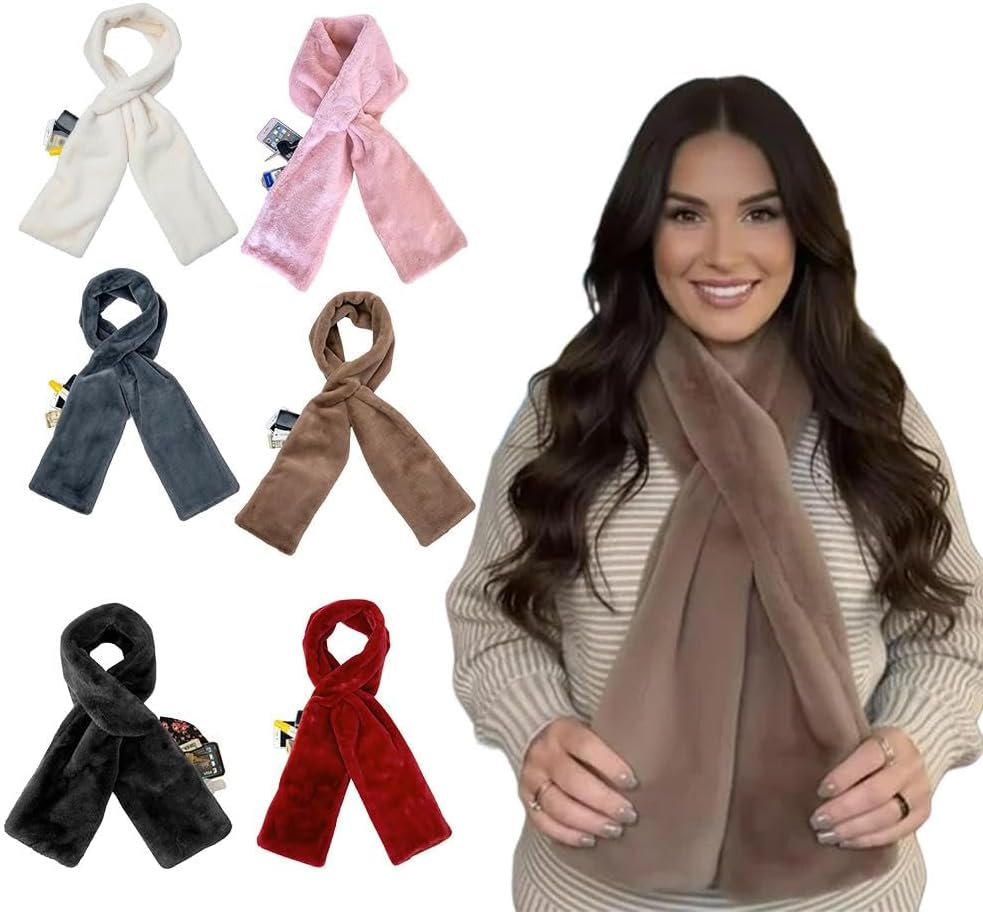 Faux Fur Pull through Scarf with Hidden Zipper Pocket, Soft Cozy Warm Pocket Scarf for Hands-Free Storage Phone & Valuables - Gray image number 1