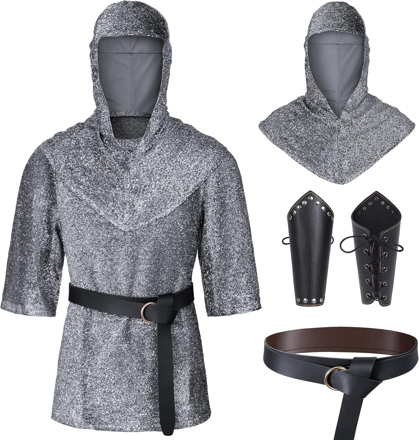 Renaissance Faux Chain Mail Armor Tunic Shirt Coif Medieval Knight Cowl Crusader Costume Outfit Bracers Waist Belt Set