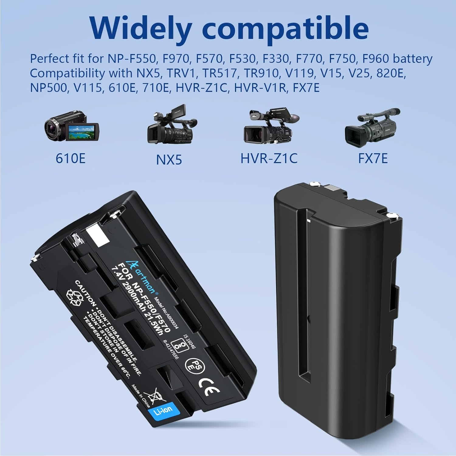 Artman NP-F550 Battery and Dual USB Charger for Sony NP-F970 F750 F550 F330 F530 F570 F770 F960, CCD-SC55, TR516 TR716 TR818 TR910 TR917, Battery for LED Light, Monitor, Camera Slider (2-Pack 2900Mah) image number 4