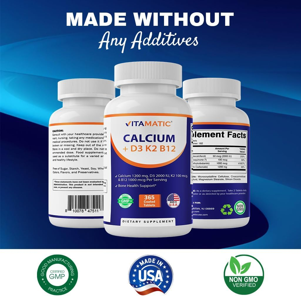 Vitamatic Calcium Supplement 1200Mg with D3, K2 & B12, Immune & Bone Health Support - 365 Coated Tablets image number 2