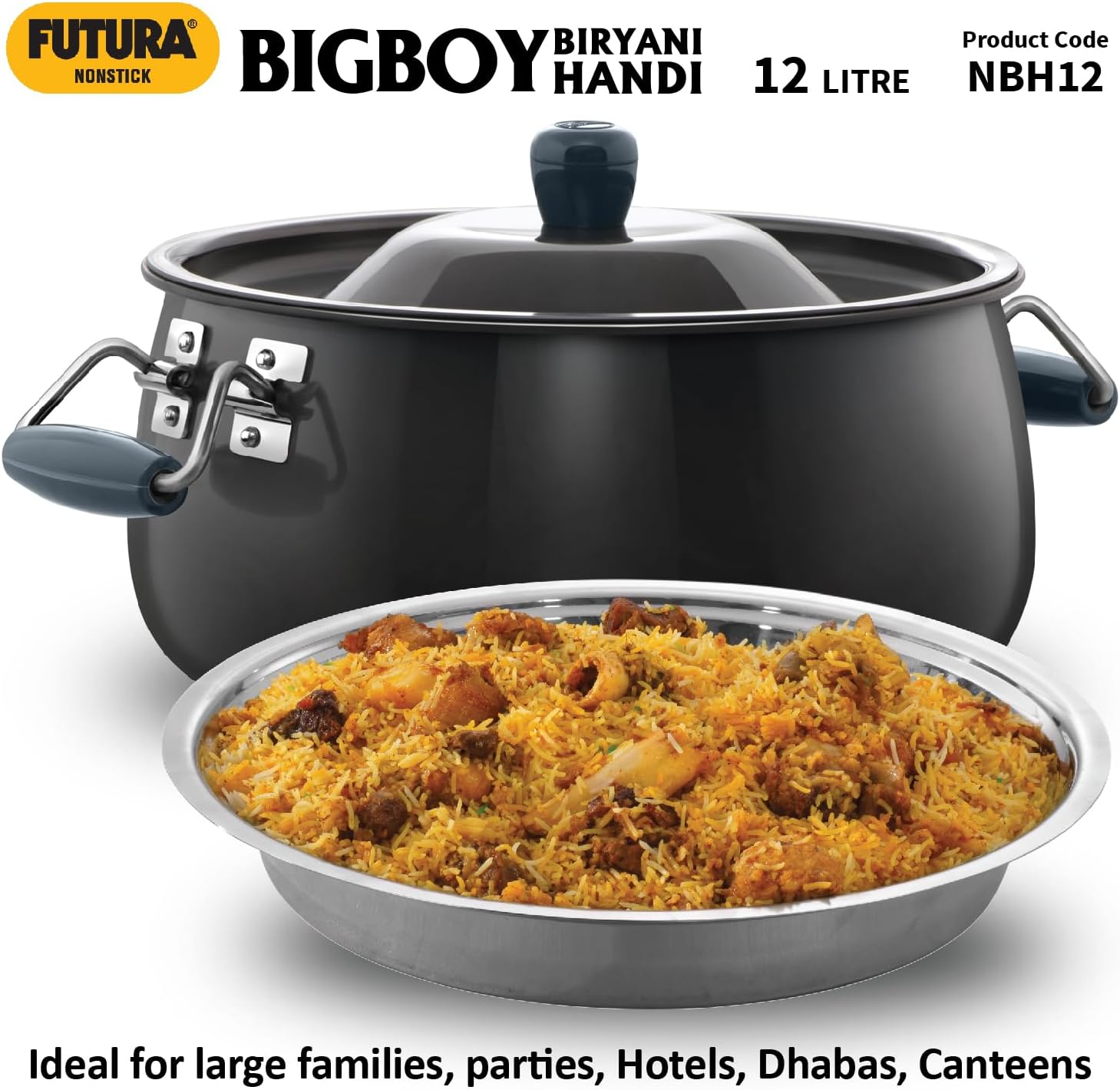 Hawkins Futura 12 Litre Bigboy Biryani Handi, Non Stick Pot with Hard Anodised Lid, Sauce Pan for Cooking and Serving Biriyani, Black (NBH12) Aluminium