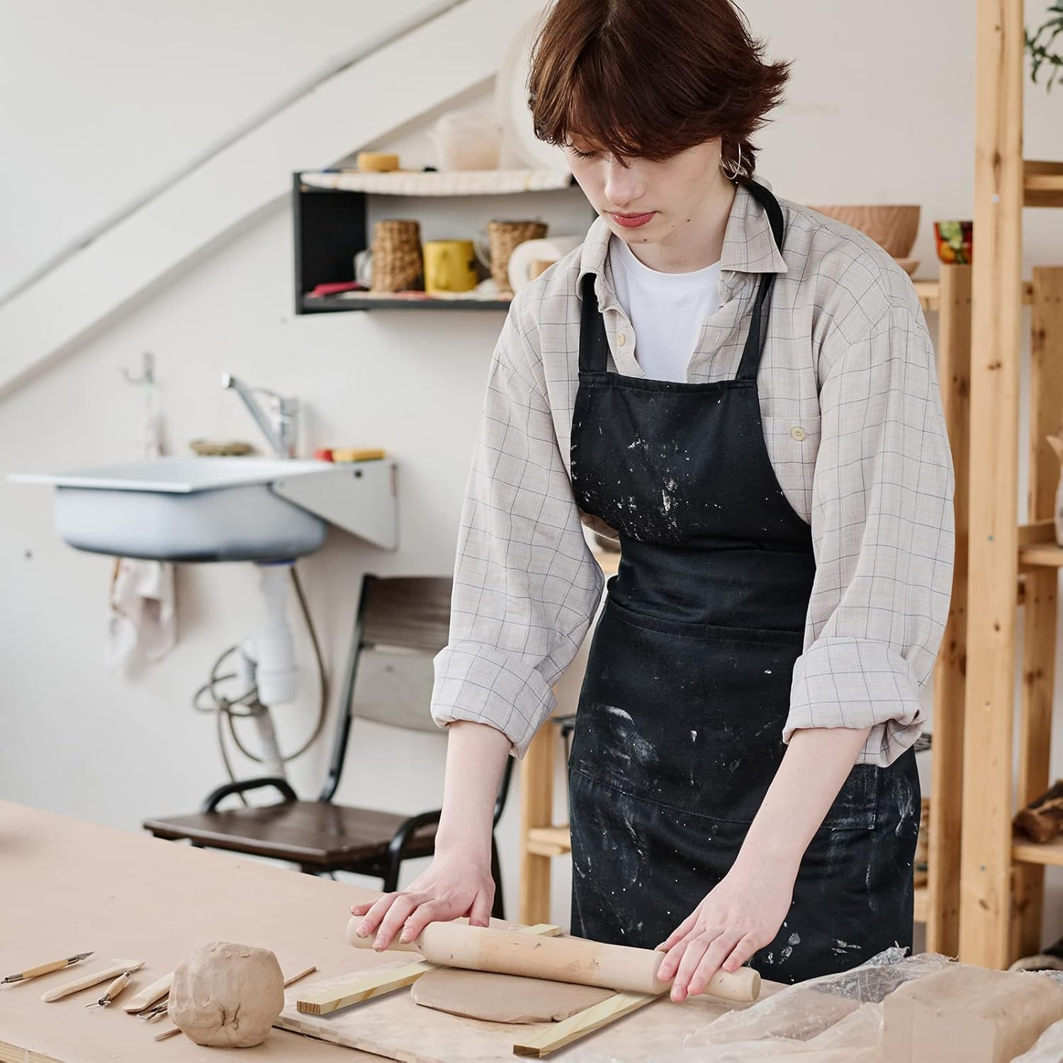 7 Pcs Pottery Teaching Rolling Mud Stick Guide and Wood Rolling Pin Set Include 6 Pcs 15. 8 X 0. 8 Inches Mudboard Guide and Clay Roller Tools for Manual Self Made Clay Gift Decoration image number 4