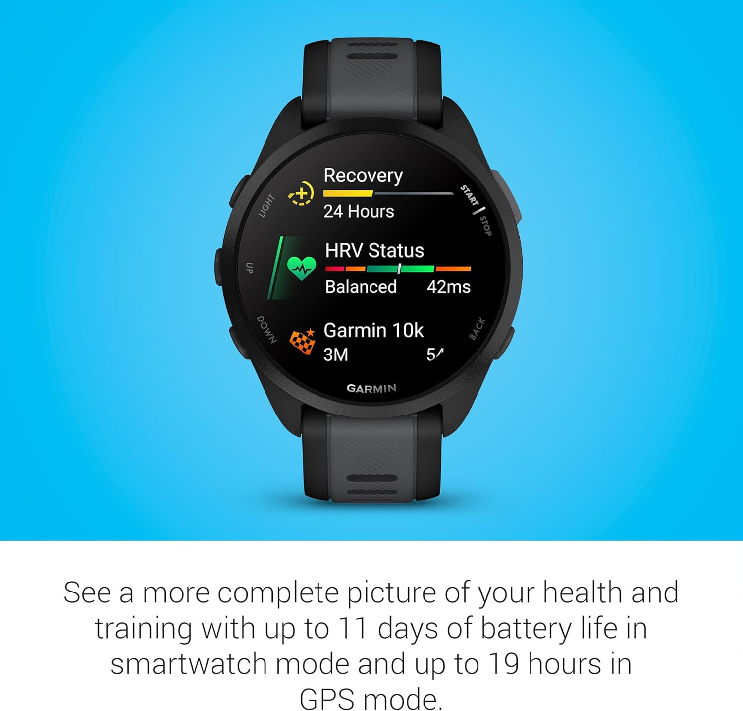 Garmin Forerunner 165 Running Smartwatch, 43 Mm, Music, Streaming App, GPS, Cardio, Vo2Max, Morning Report, HRV Status, Free Plans 5K, 10K, 21K and Marathon, Garminpay (Black) image number 1