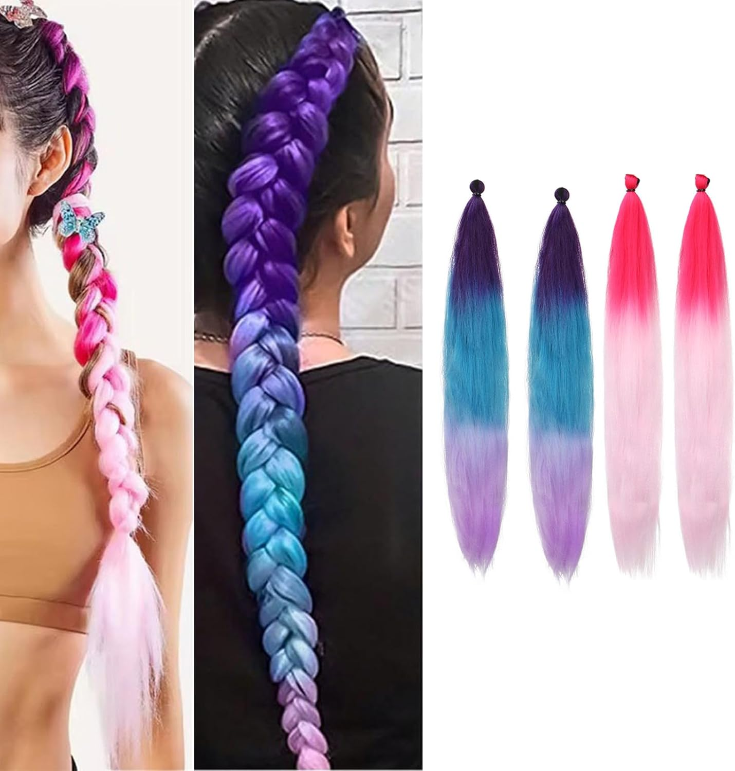 4 X Synthetic Hair for Braiding 70 Cm - Hair Strands for Braiding with Hair Ties, Braided Braid Extensions in Blue/Purple & Pink-Red, High-Quality Braids for Children, Party, Carnival and Holiday image number 4