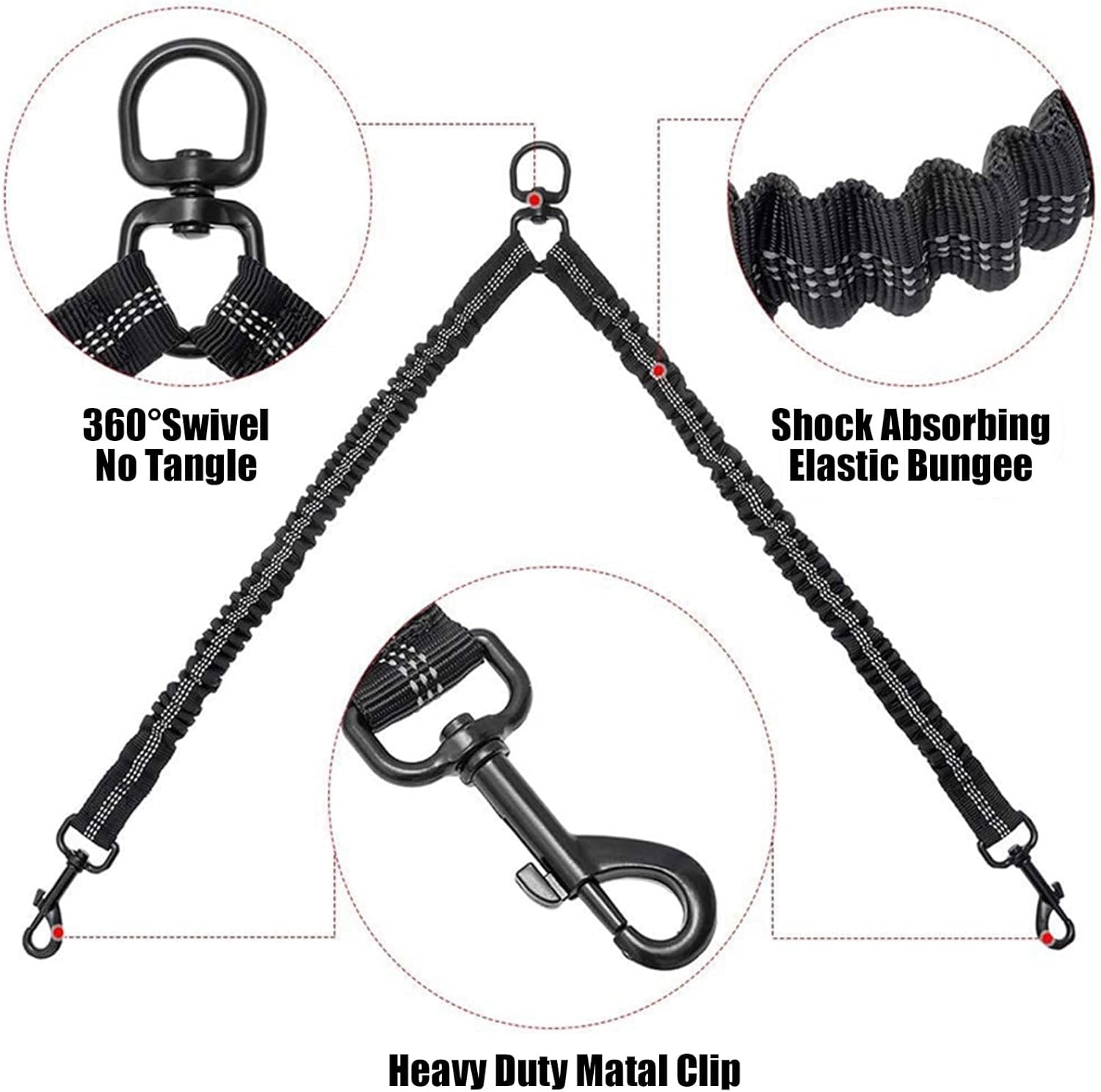 Xolixorium Double Dog Lead Dual Two Way Tangle Free Coupler Split Bungee Leash for Walking 2 Dogs Puppies with Slip Lead Retractable Dog Leash (Black Medium Coupler with Lead) image number 2