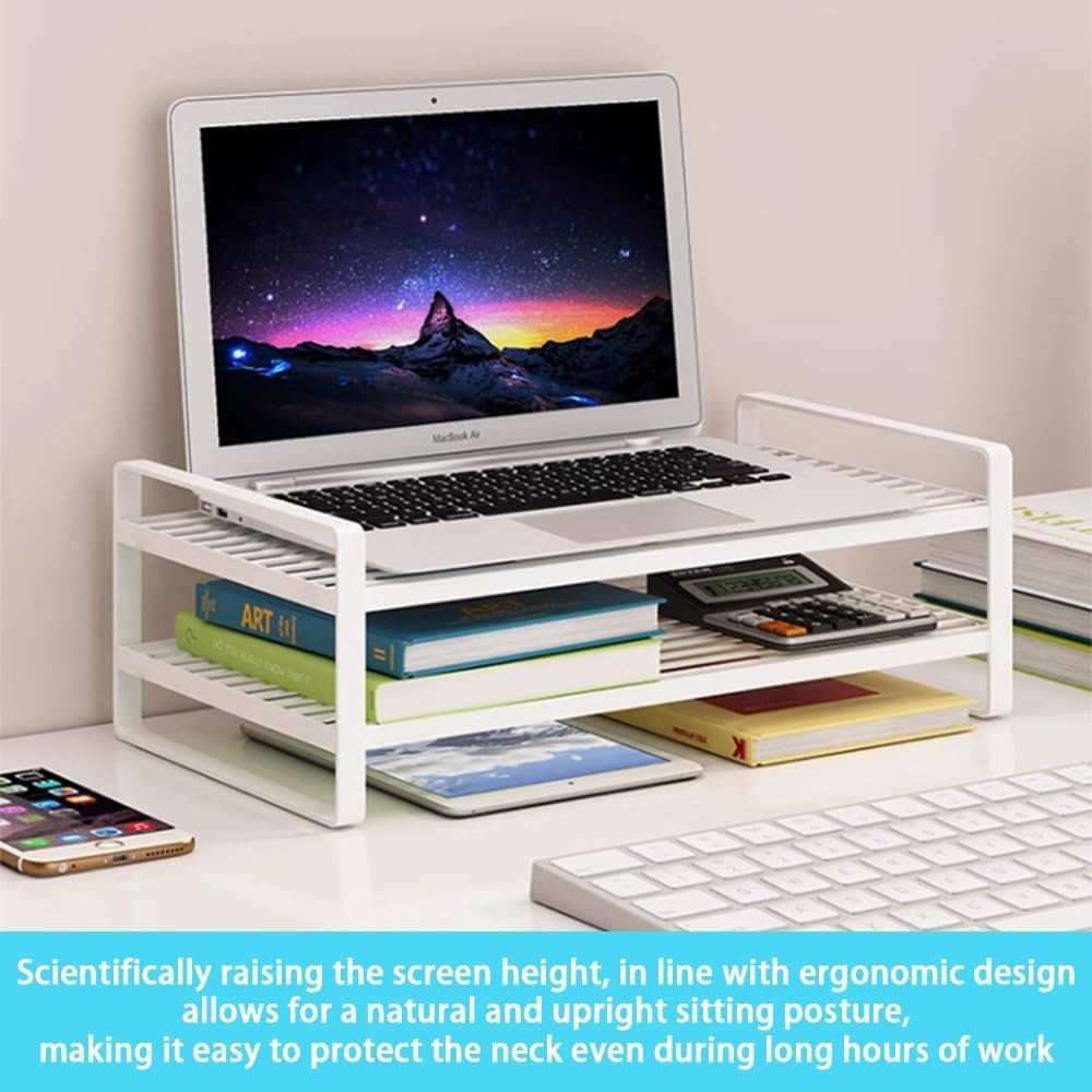 TOMVAES 2 Tier Computer Monitor Riser, Monitor Stand Desktop Organizer, Laptop/Printer Stand Riser, Desk Shelf for Home Office 50 X 20 X15 CM White image number 1