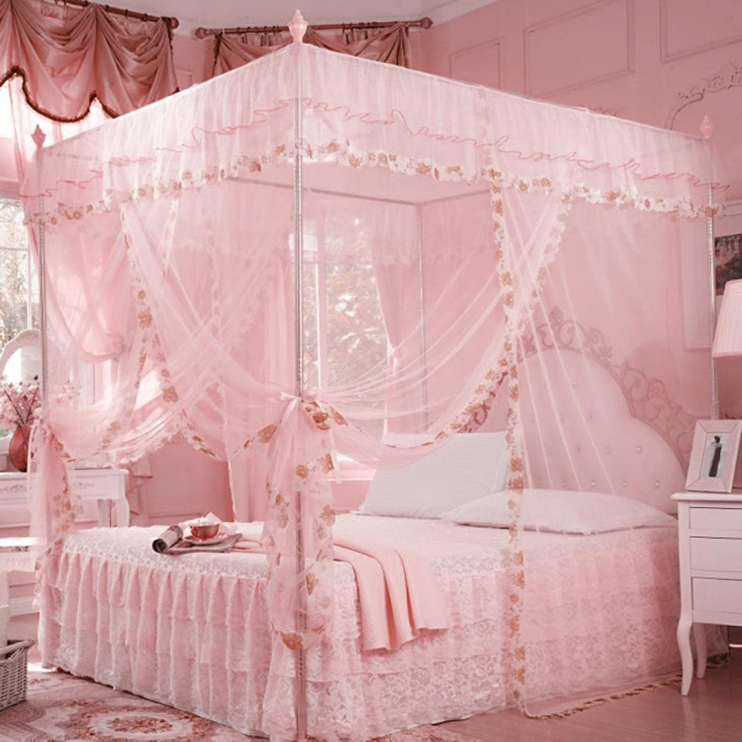 4 Corner Post Mosquito Net, Princess Bed Canopy, Breathable Bed Curtain Full Queen Size Bedroom Decoration #20 (150 * 200 * 200-Pink) - 20 image number 5