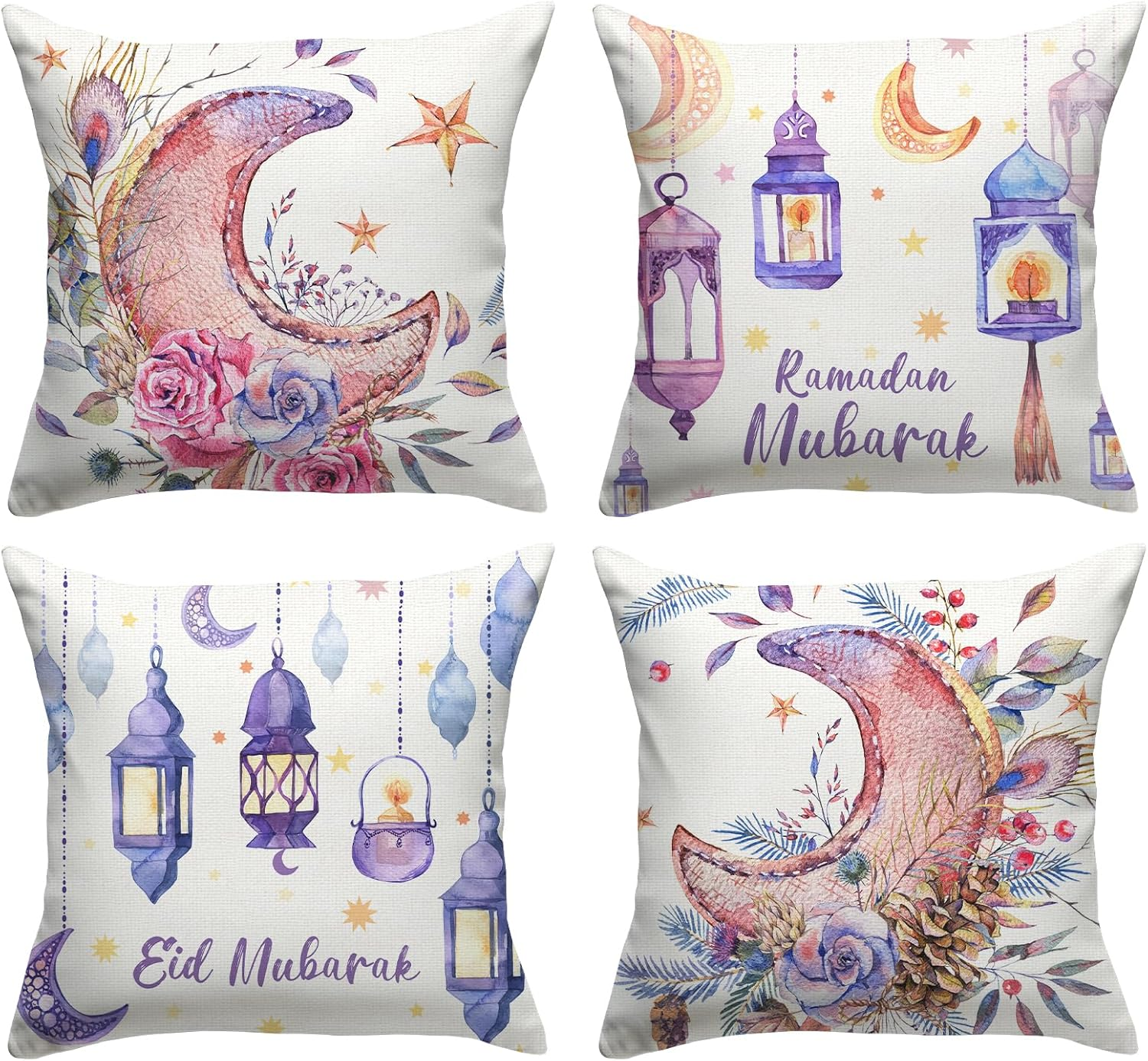 FARMNALL Linen Ramadan Mubarak Pillow Covers 18X18 Set of 4 Mosque Lantern Islamic Mubarak Pillow Case Decorations Bed Couch Sofa Car Chair Pillow image number 3