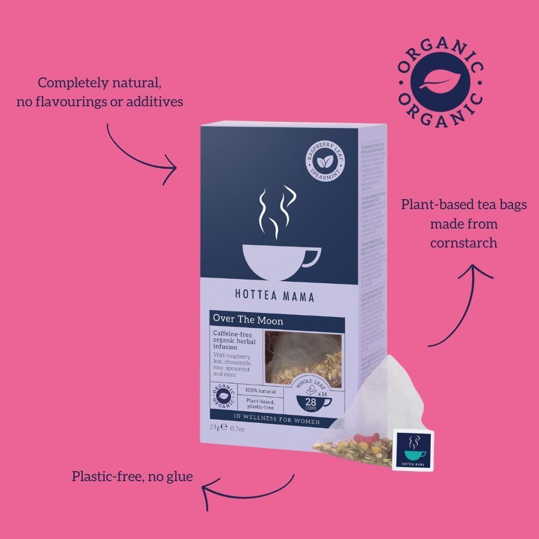 HOTTEA MAMA | over the Moon | Period Support Tea with Dandelion Root, Spearmint, Raspberry Leaf, Rose, Chamomile | 14 Whole Leaf Biodegradable Bags image number 5