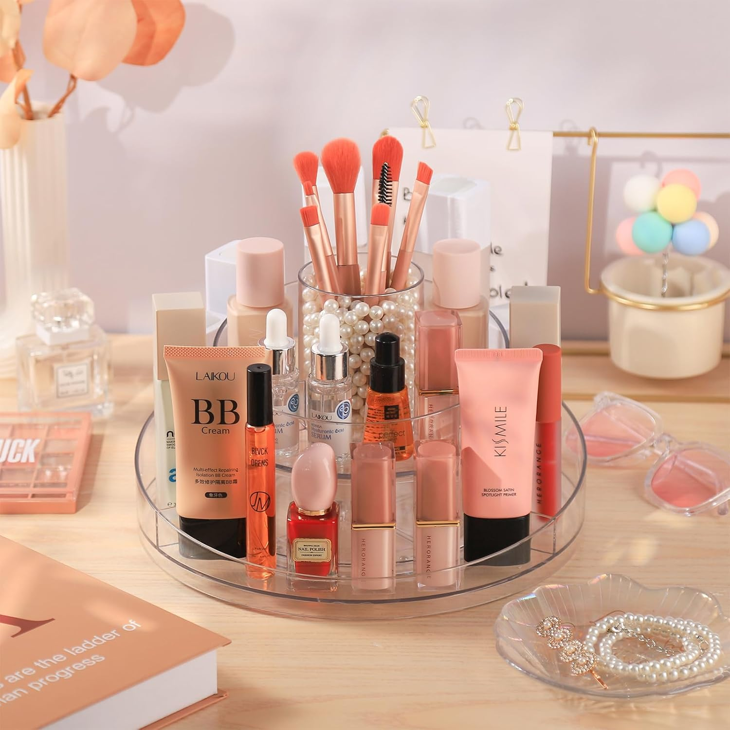RAMFIYN Clear Acrylic Lazy Susan Organizer, Makeup Spinning Organizer, 2-Tier Lazy Susan for Vanity, Brushes, Lipsticks, Perfumes and Skincare image number 2