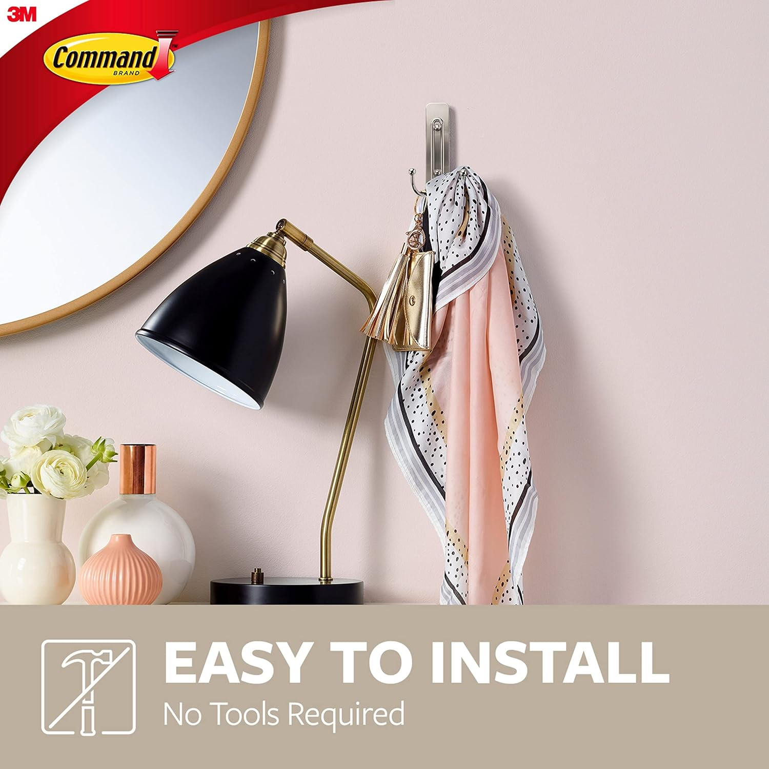 Command Large Wall Hooks, Damage Free Hanging Wall Hooks with Adhesive Strips (2 Pack, Brushed Nickel) image number 2