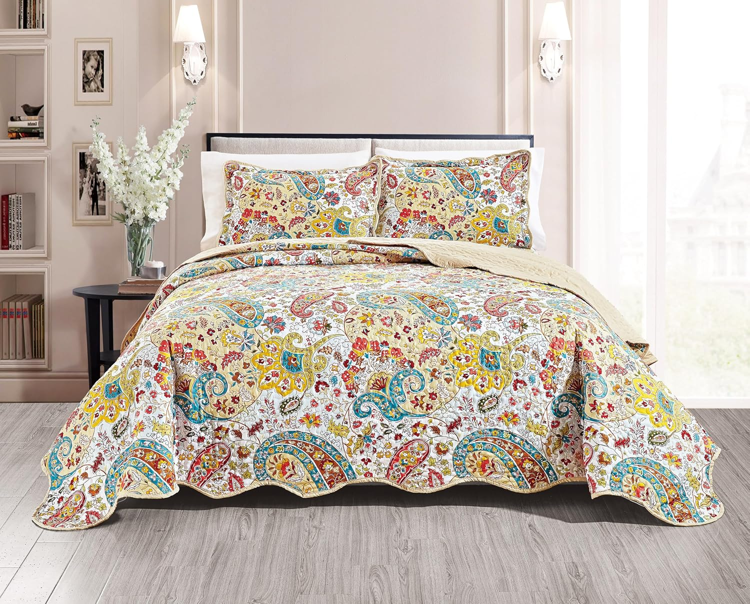 Grand Linen 3-Piece California Cal King Size Wave Edged Oversized Quilt Set 118" X 95" All-Season Large Bedspread Pillow Shams Lightweight Soft Coverlet Pink Blue Green Orange Colors Floral Pattern image number 4