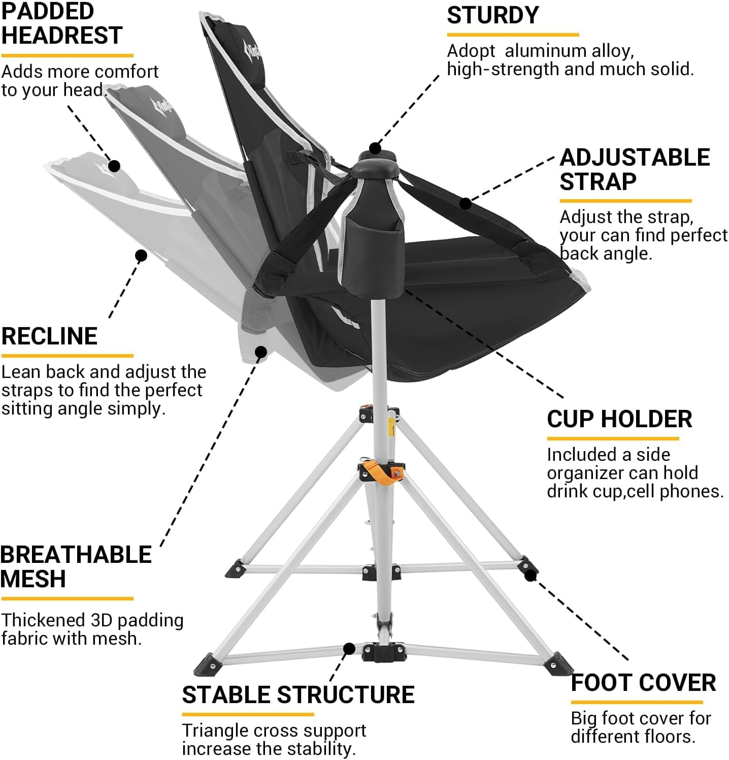 Kingcamp Hammock Camping Chair Swinging Rocking Recliner Chair for Backyard Lawn Beach Camp outside Indoor Adults Portable Lounger Folding Chair Hold up to 300Lbs with Carrying Bag (Black/Grey) image number 3