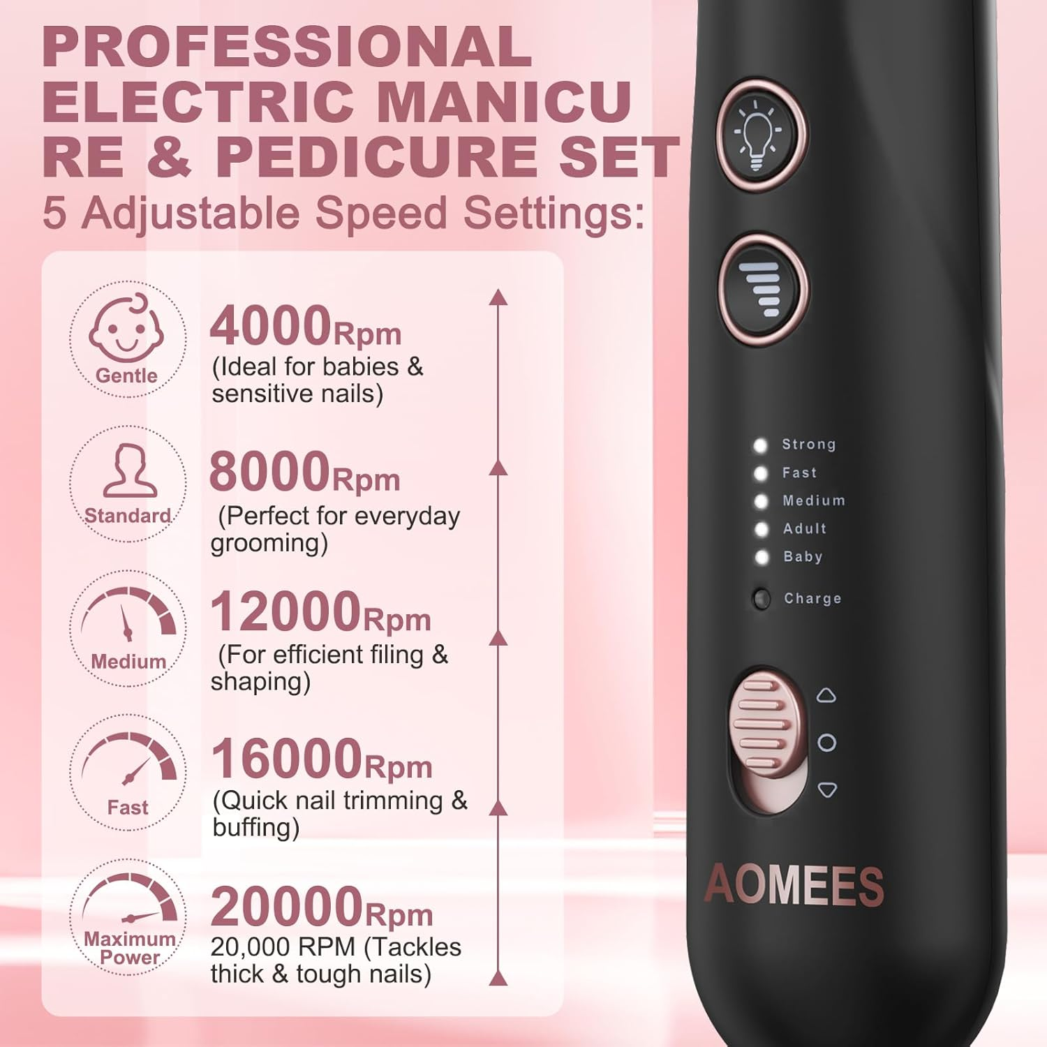 Electric Nail File & Drill Kit: Pedicure Sets for Feet & Hands Care with Electric Nail Drill, 9 Attachments for Pain-Free Trimming, Buffing & Shaping | 5 Speeds, Pedicure Tools & Nail Kit Manicure Set image number 2